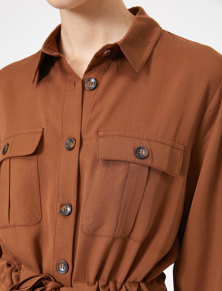   Gömlek Yaka Uzun Kol Beli Bağlamalı Düğme Detaylı Midi Elbise
