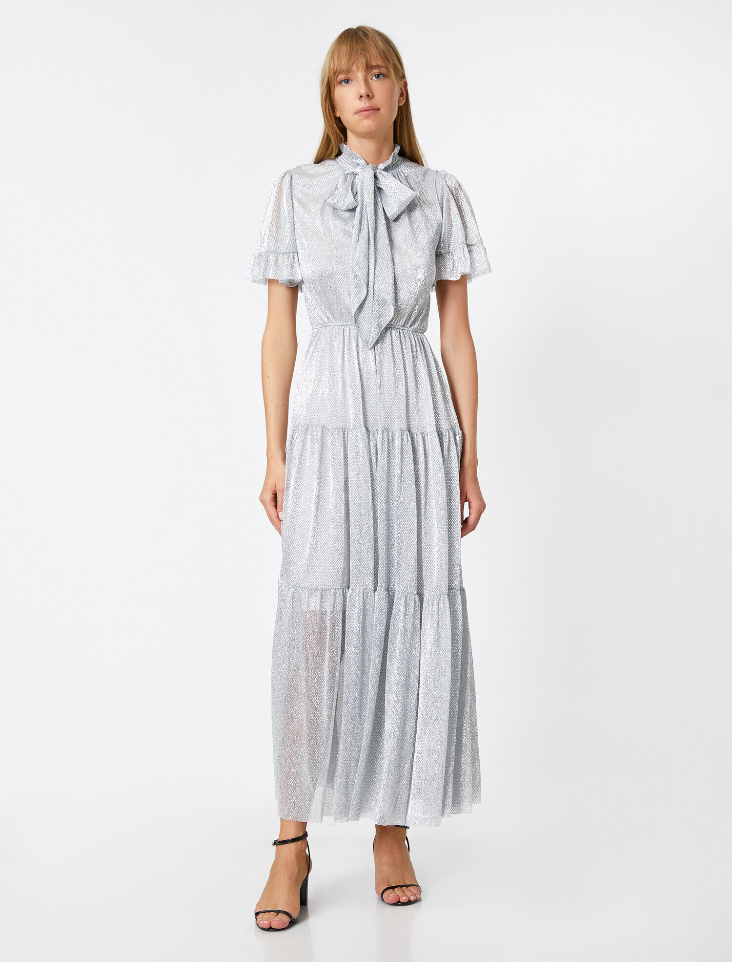   Metalik Abiye Elbise Desenli Tül Bel Büzgülü Volanlı Kısa Kollu Uzun