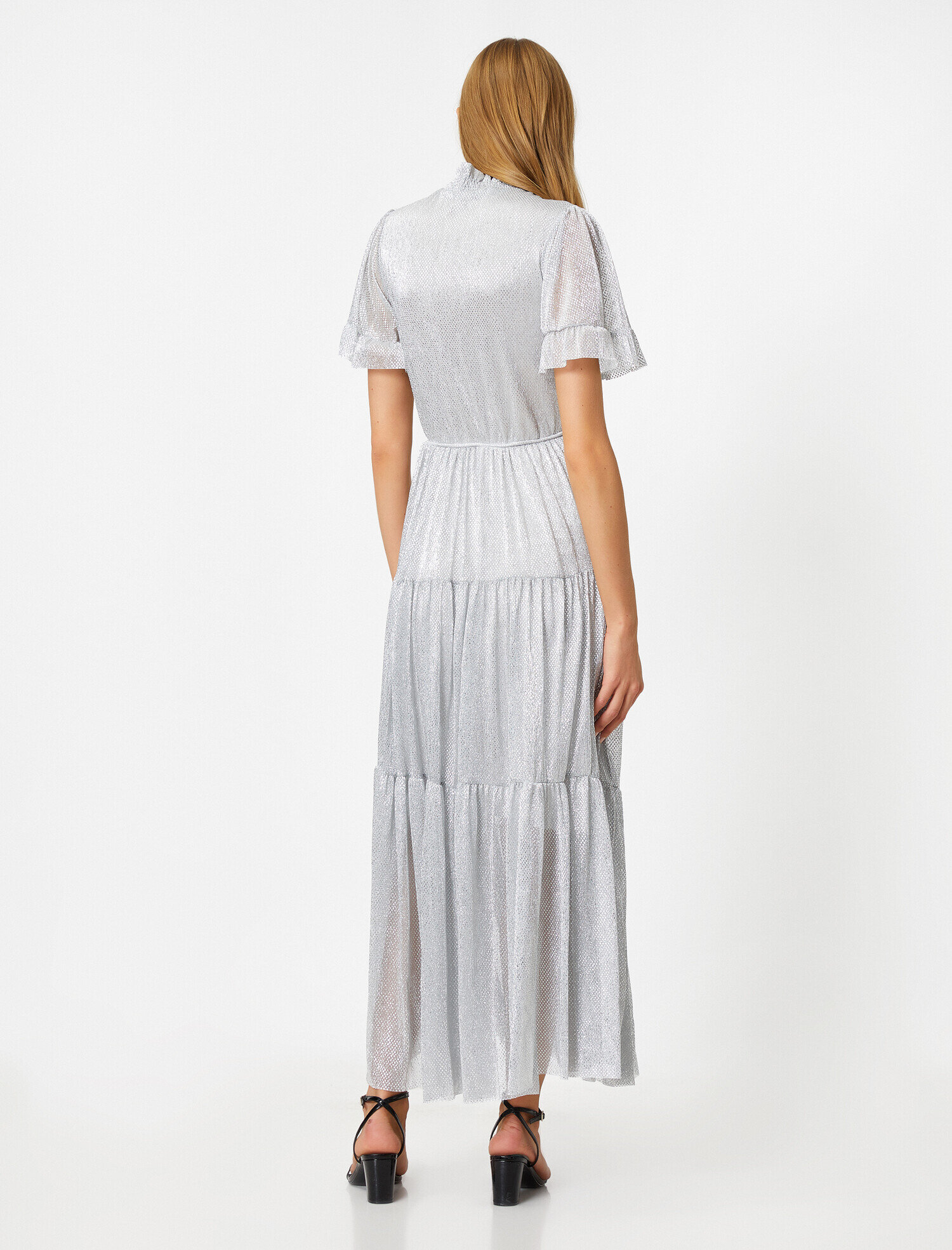   Metalik Abiye Elbise Desenli Tül Bel Büzgülü Volanlı Kısa Kollu Uzun