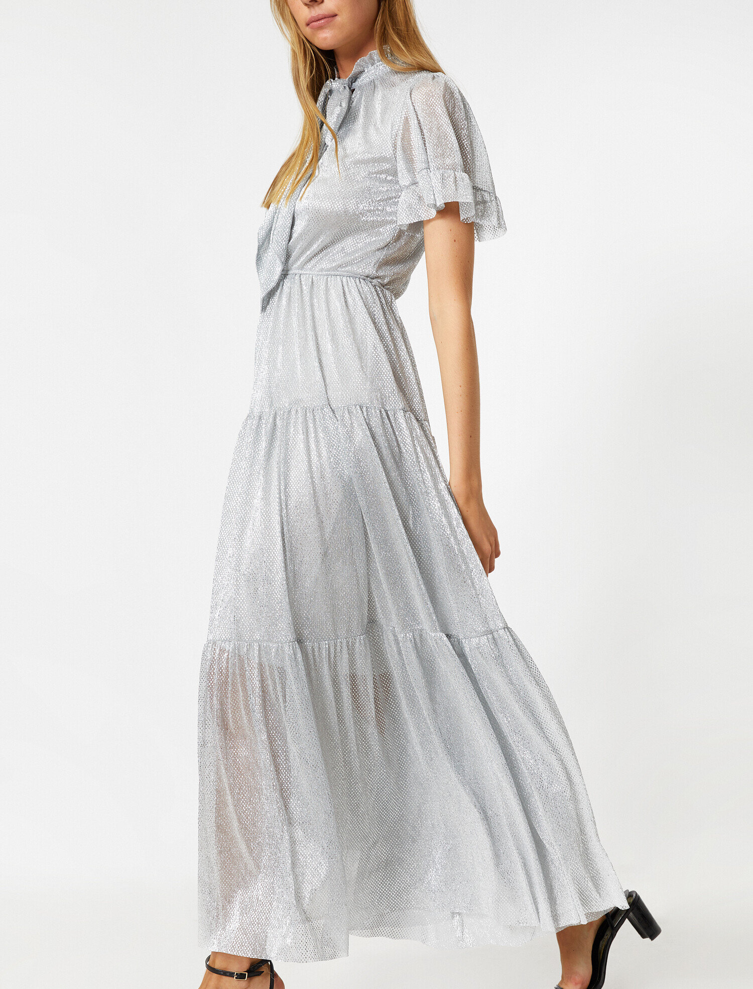   Metalik Abiye Elbise Desenli Tül Bel Büzgülü Volanlı Kısa Kollu Uzun