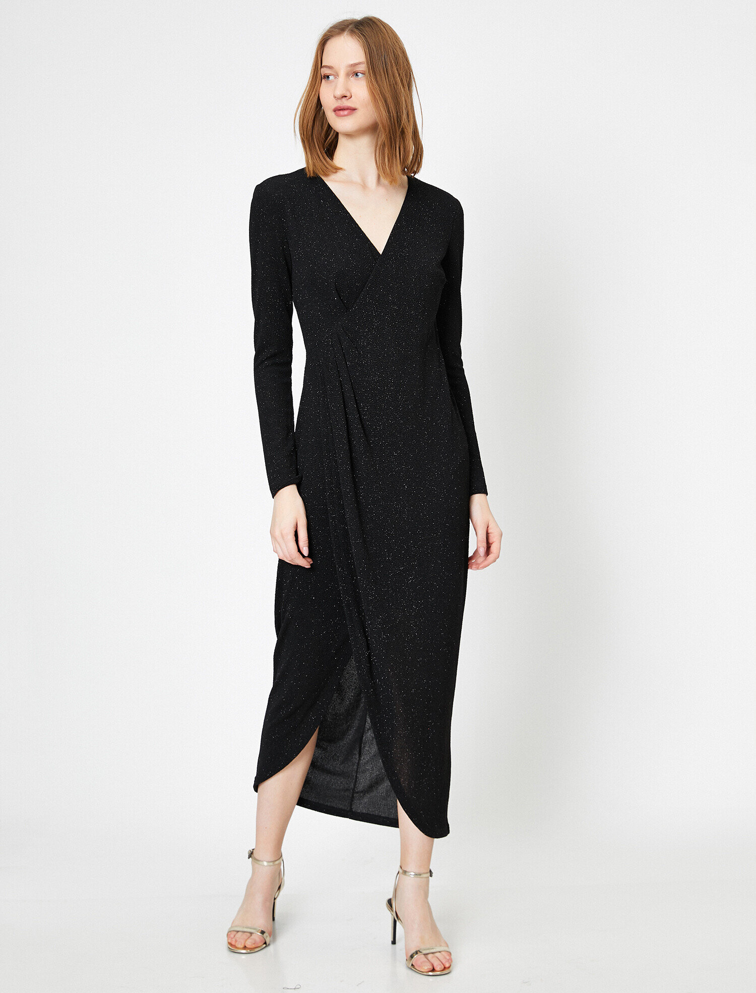   Yırtmaçlı Abiye Elbise Simli Anvelop Drape Detaylı Uzun Abiye