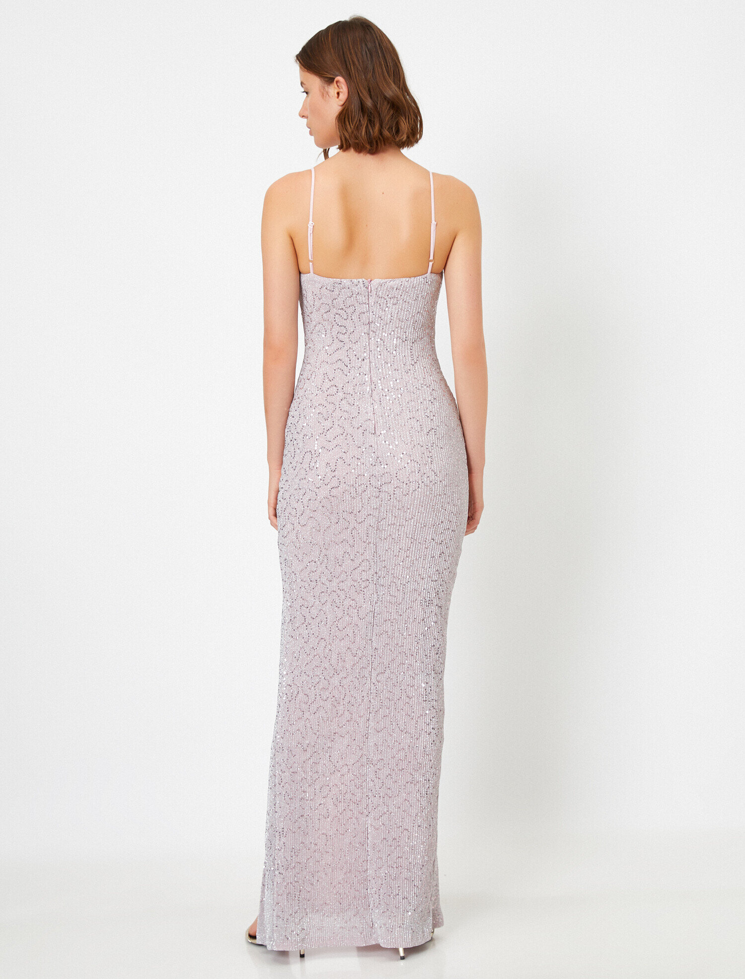   Yırtmaçlı Abiye Elbise Askılı Pullu Uzun