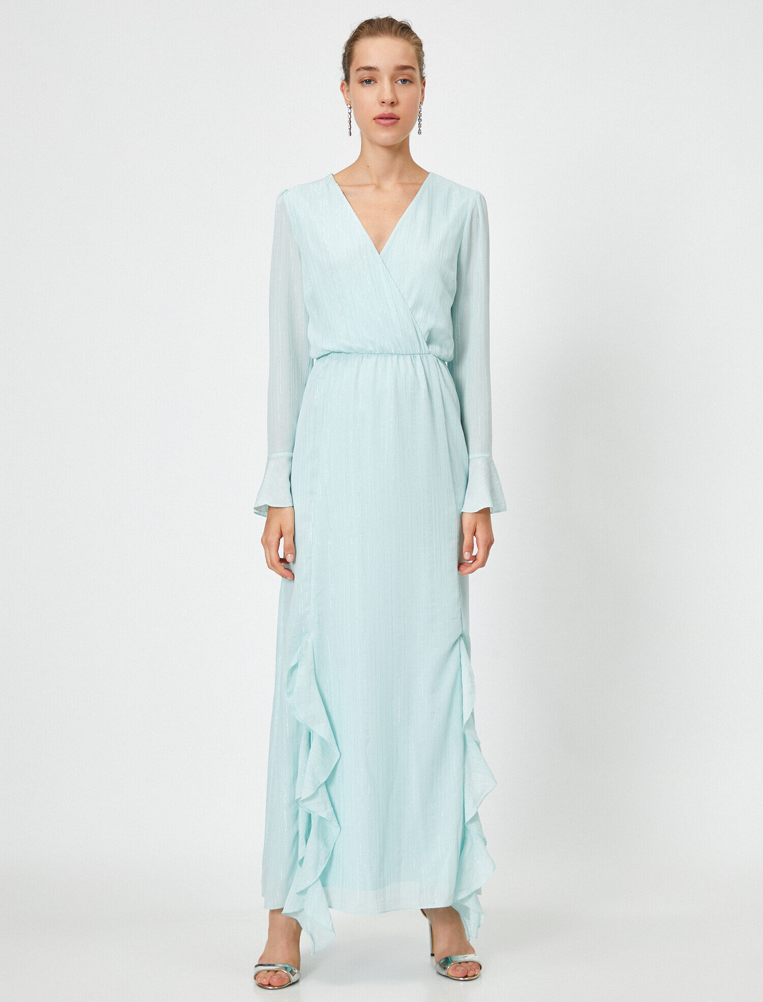   Yırtmaçlı Fırfırlı Elbise Abiye Uzun Kollu