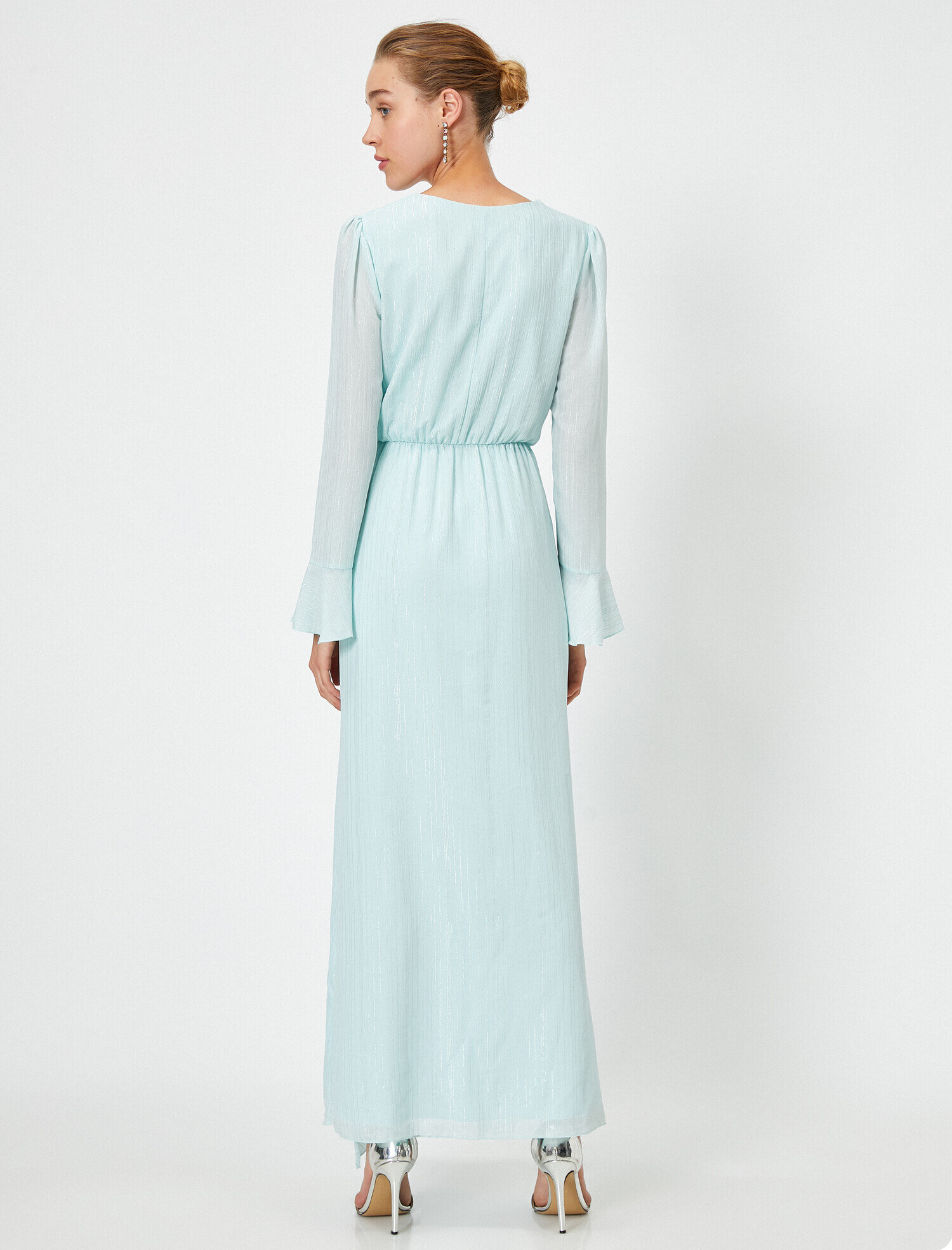   Yırtmaçlı Fırfırlı Elbise Abiye Uzun Kollu