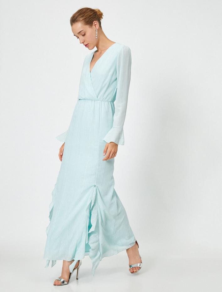  Yırtmaçlı Fırfırlı Elbise Abiye Uzun Kollu