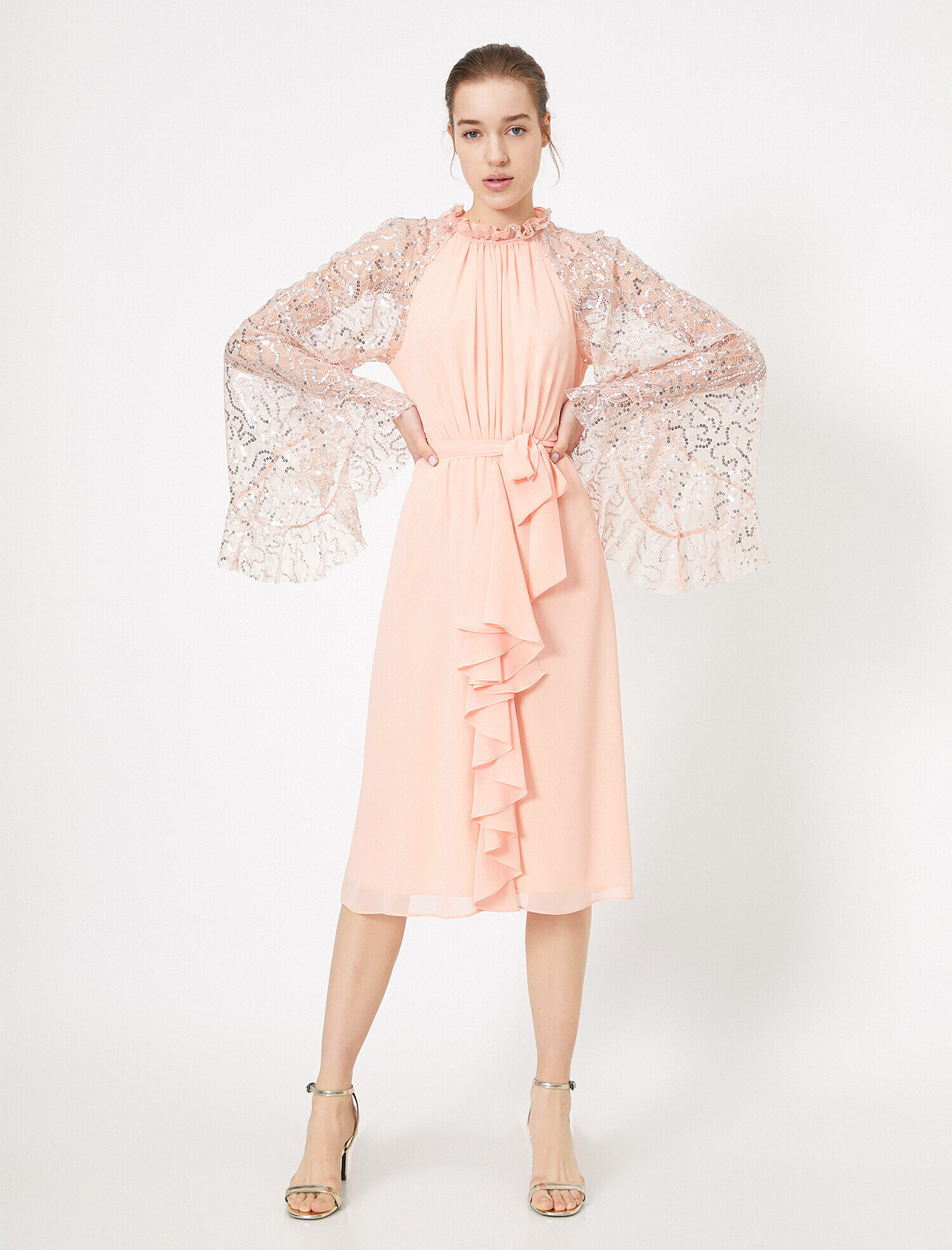   Yaka Detaylı Abiye Elbise Uzun Kollu Pul Detaylı Midi