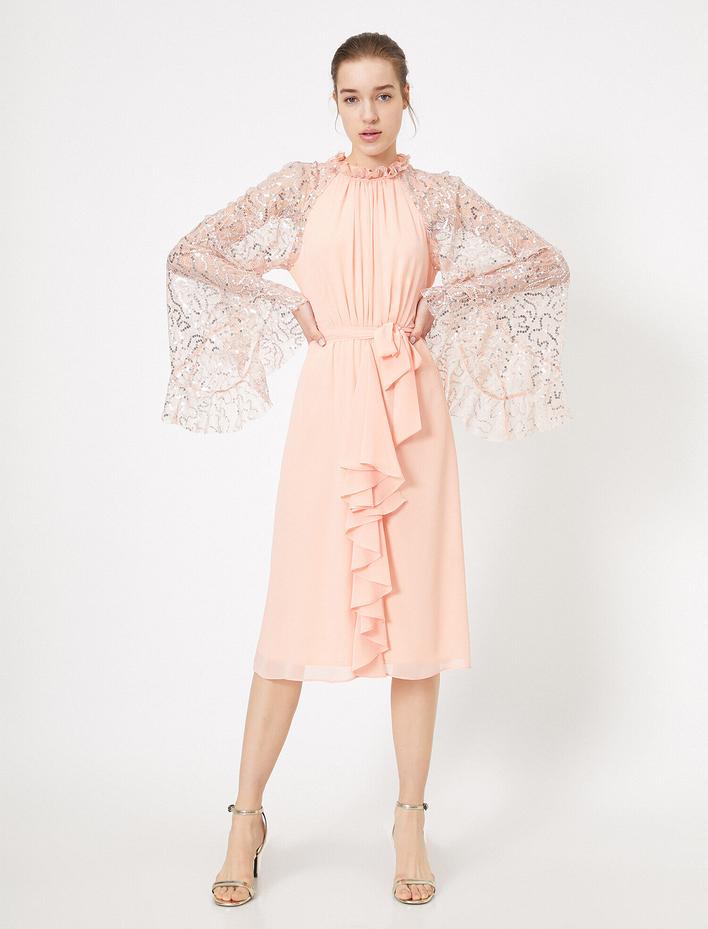  Yaka Detaylı Abiye Elbise Uzun Kollu Pul Detaylı Midi