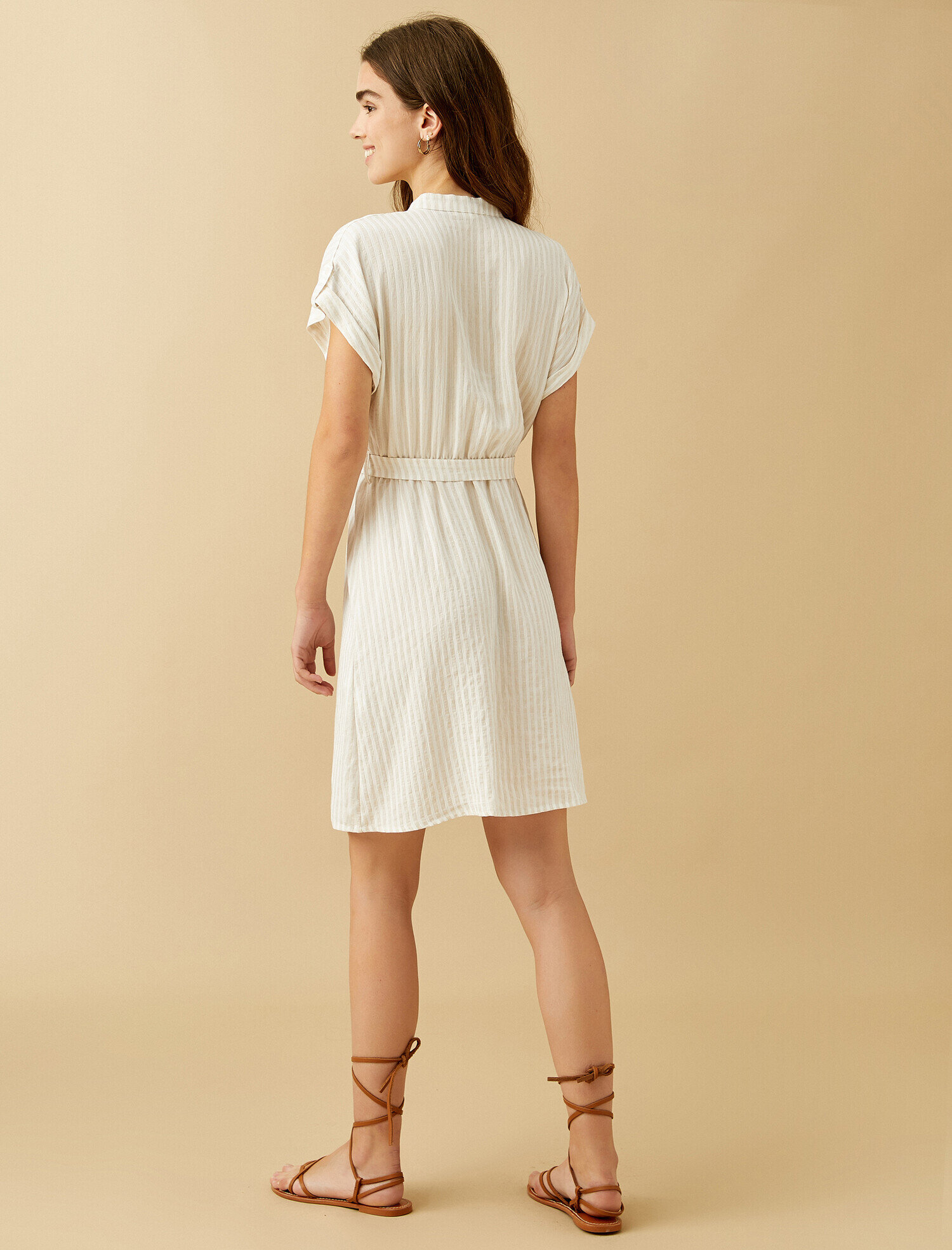   Çizgili Gömlek Elbise Keten Karışımlı