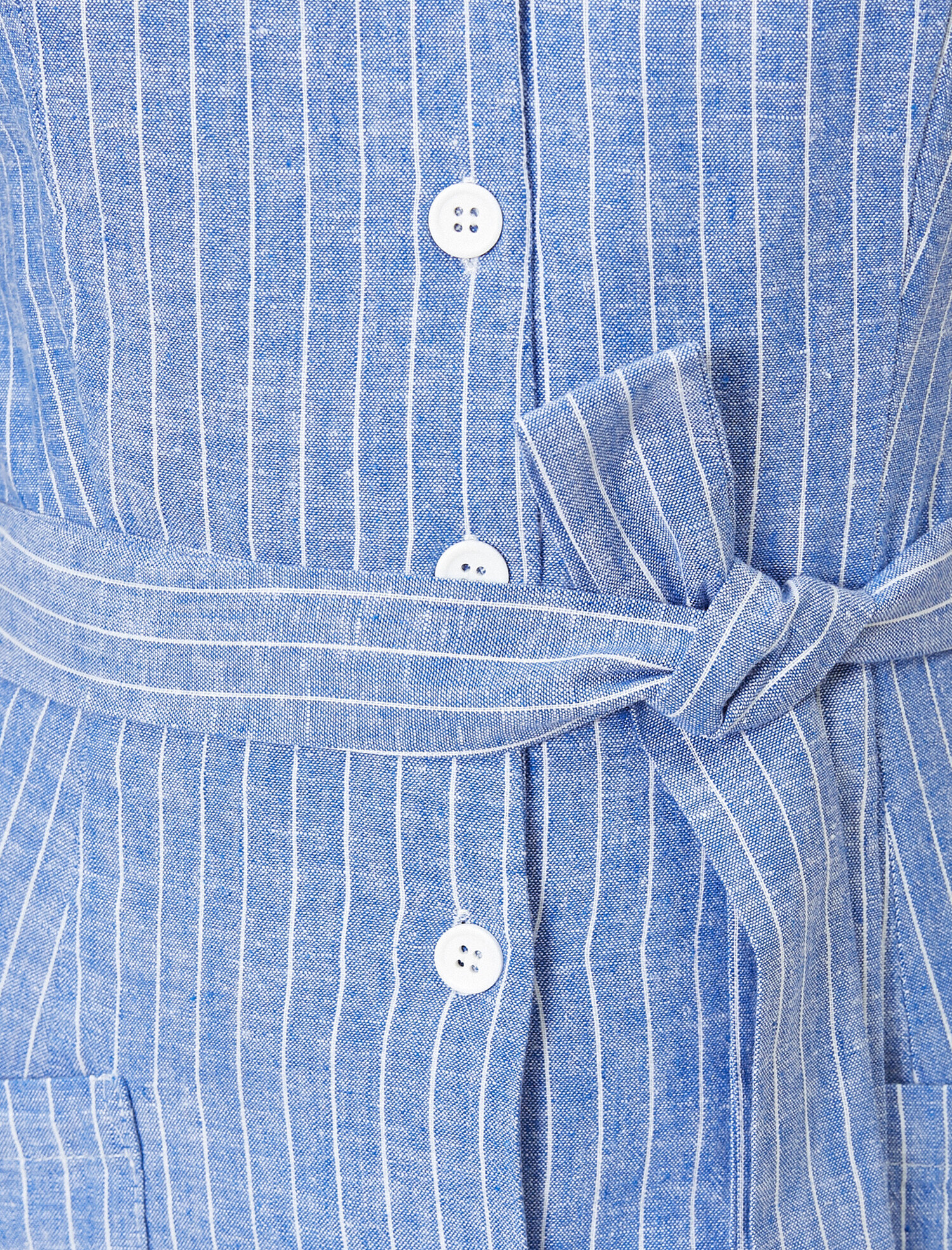   Kemerli Düğmeli Kısa Kollu Elbise Keten Karışımlı