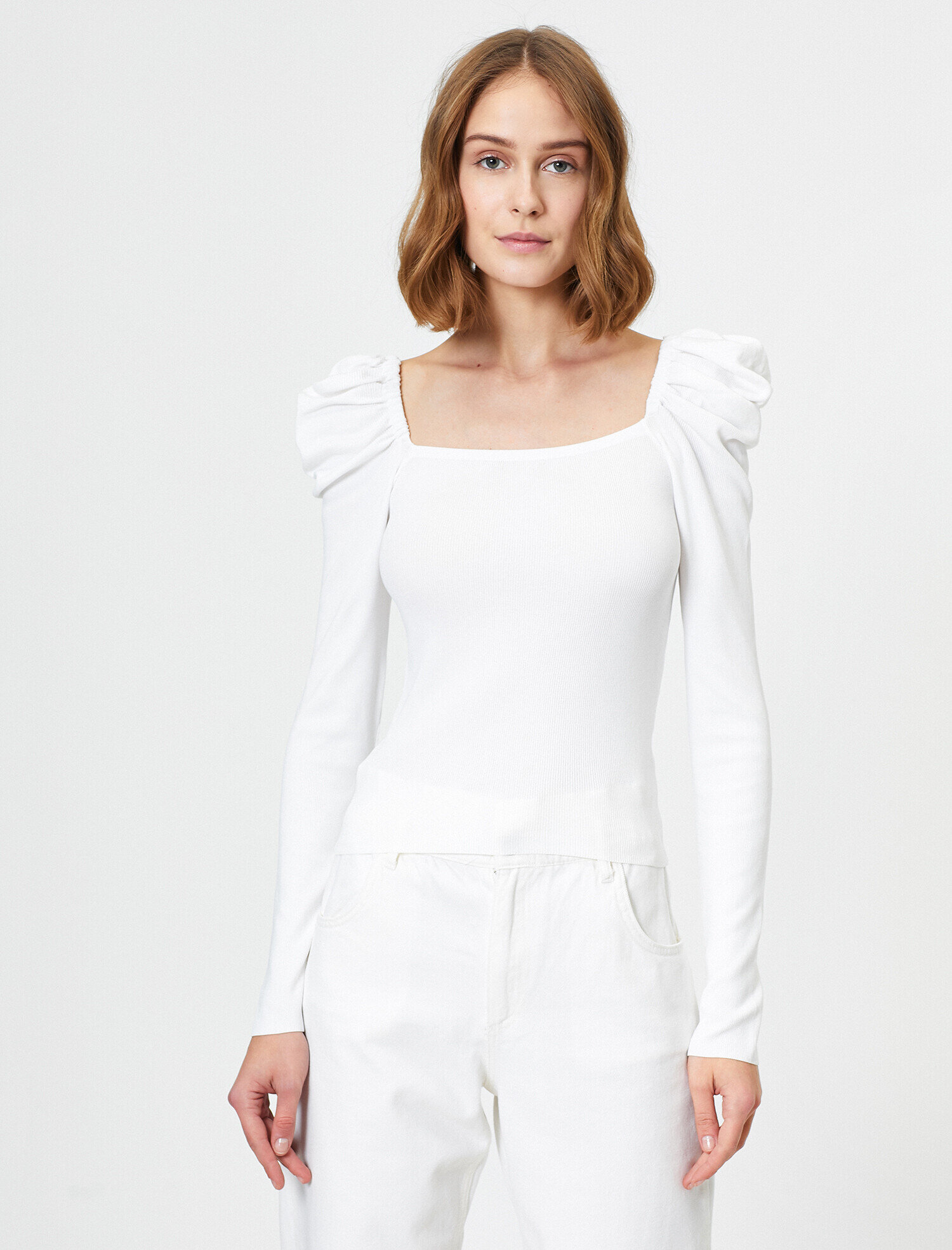   Balon Kol Detaylı Kare Yaka Triko Kazak