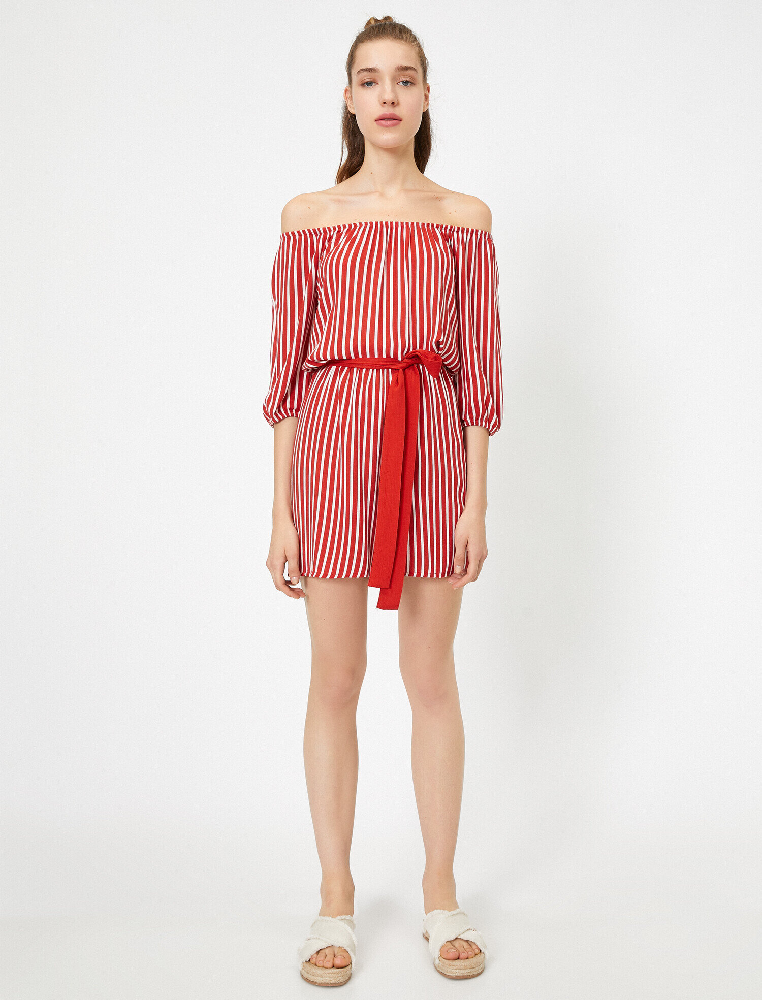   Beli Bağlamalı Carmen Yaka Çizgili Tulum