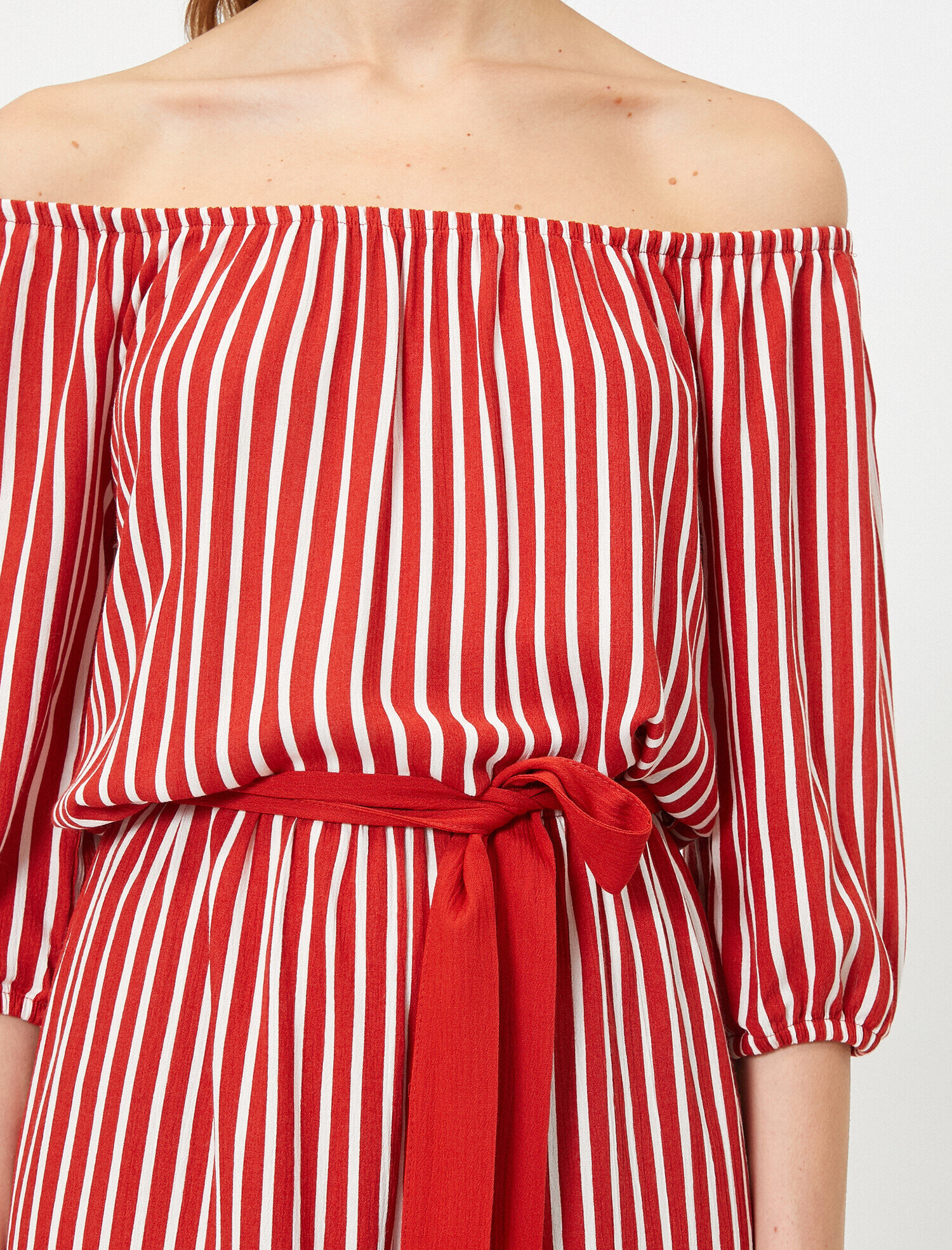   Beli Bağlamalı Carmen Yaka Çizgili Tulum