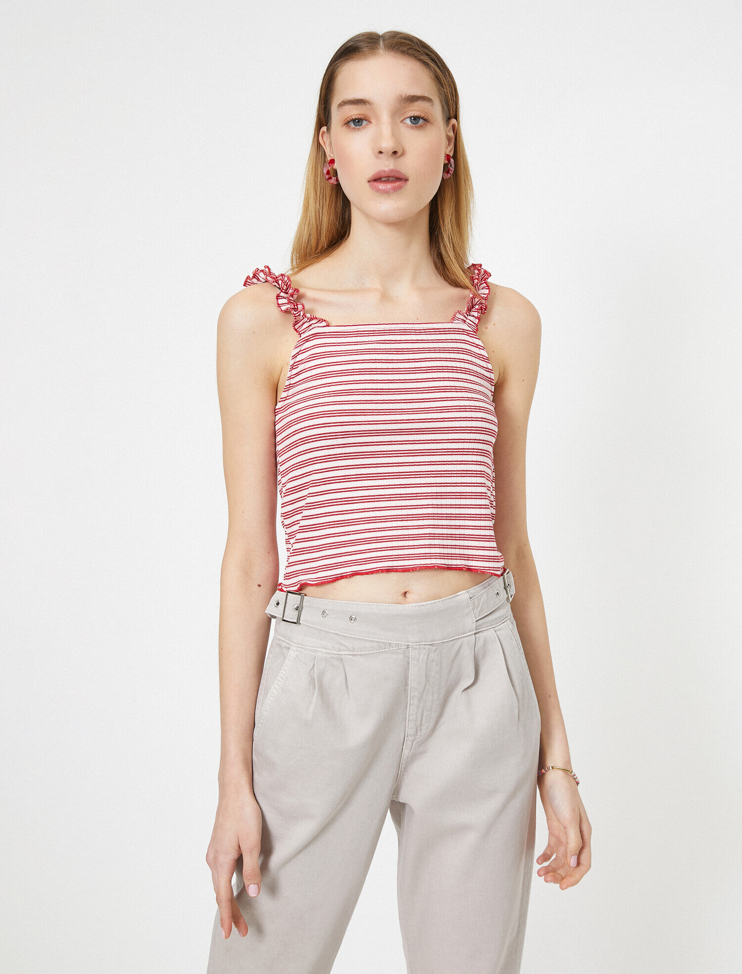   Askıları Fırfırlı Çizgili Crop Atlet