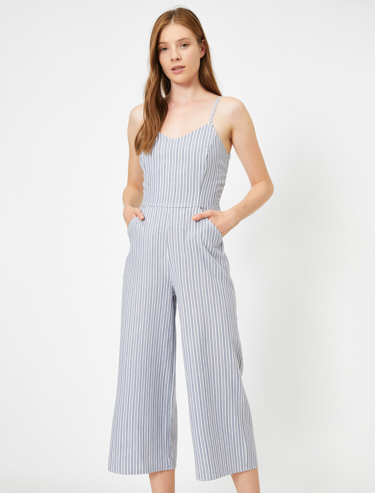   Pamuklu Çizgili Askılı Tulum