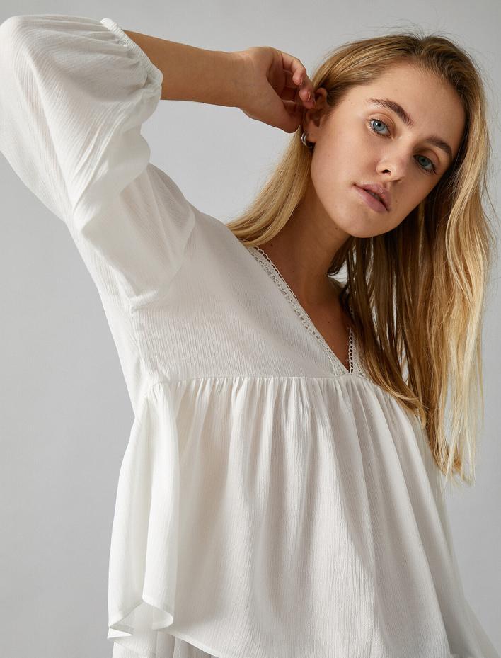  Uzun Kollu V Yaka Dantelli Bluz