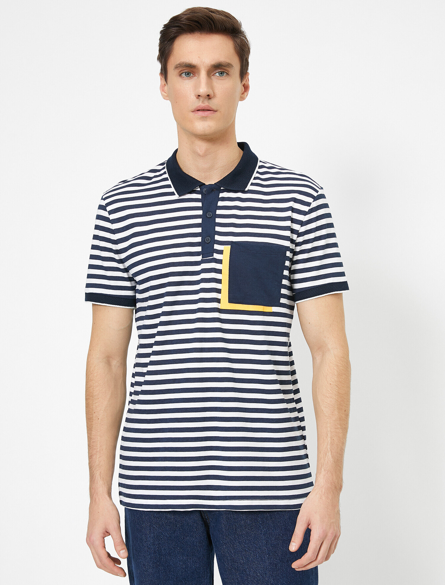   Polo Yaka Cep Detaylı Yatay Çizgili Süprem Kumaş Slim Fit Tişört