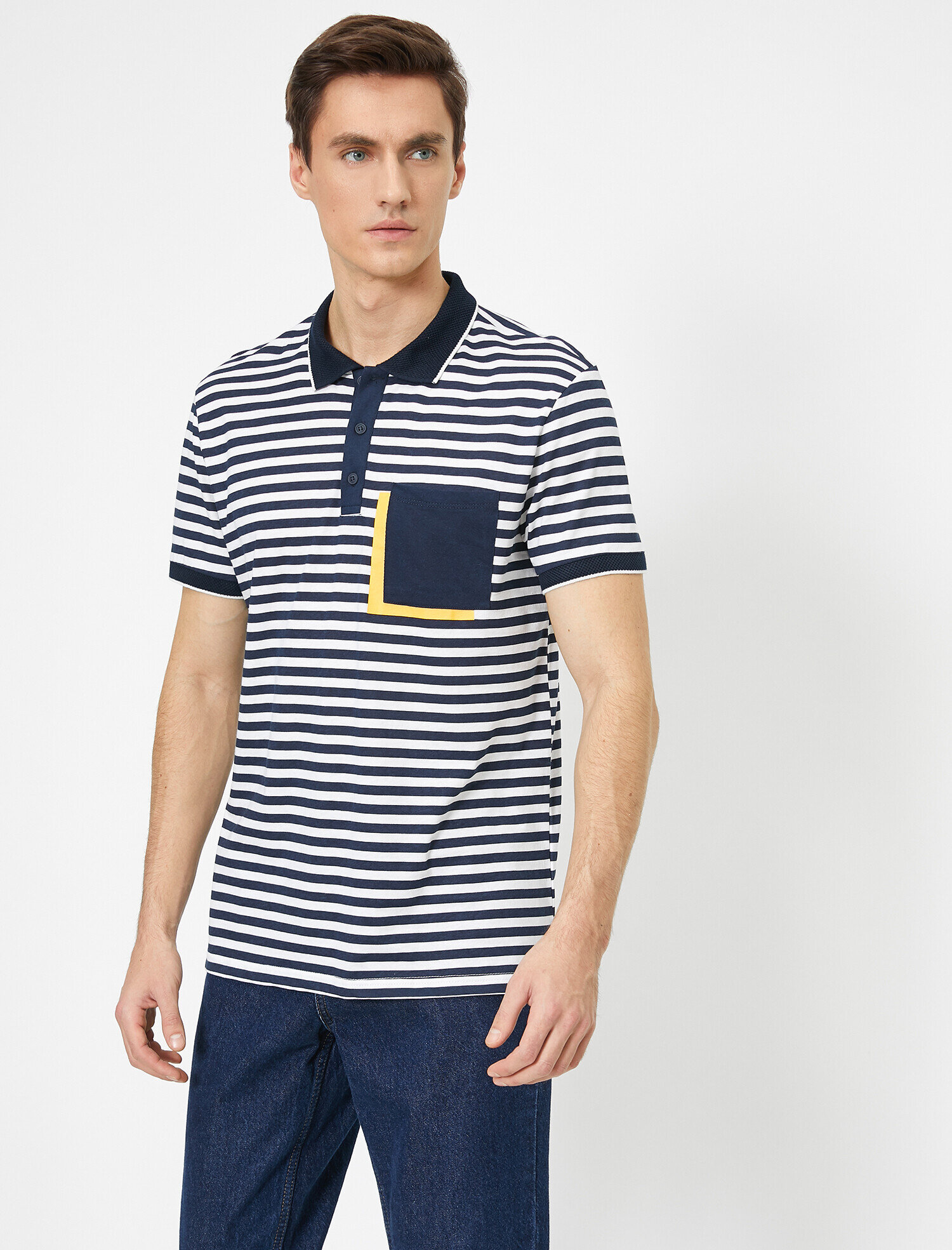   Polo Yaka Cep Detaylı Yatay Çizgili Süprem Kumaş Slim Fit Tişört