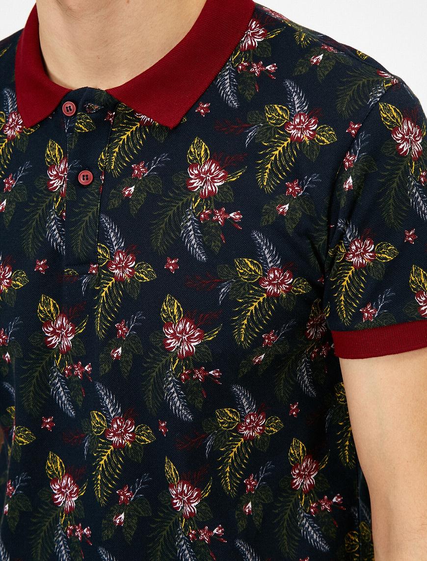   Polo Yaka Çiçek Desenli Kontrast Yaka Pike Kumaş Slim Fit Tişört