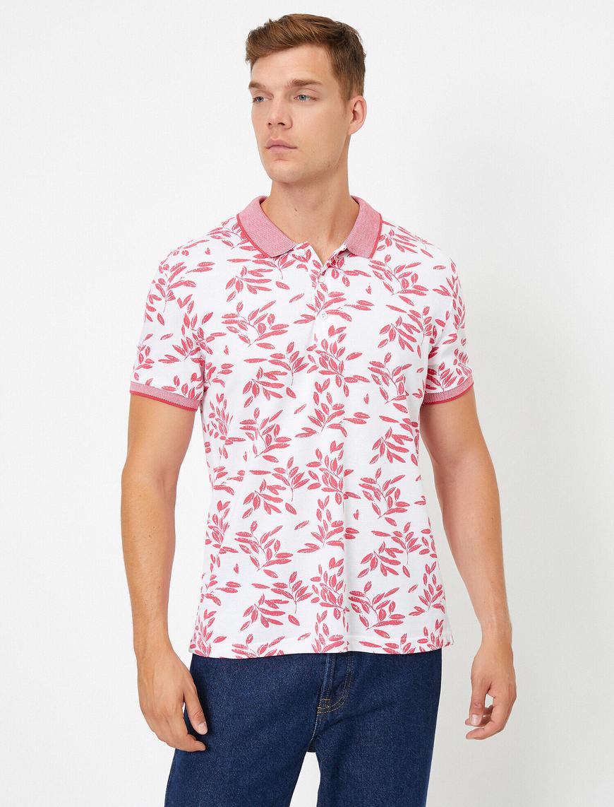   Pamuklu Polo Yaka Floral Desenli Slim Tişört