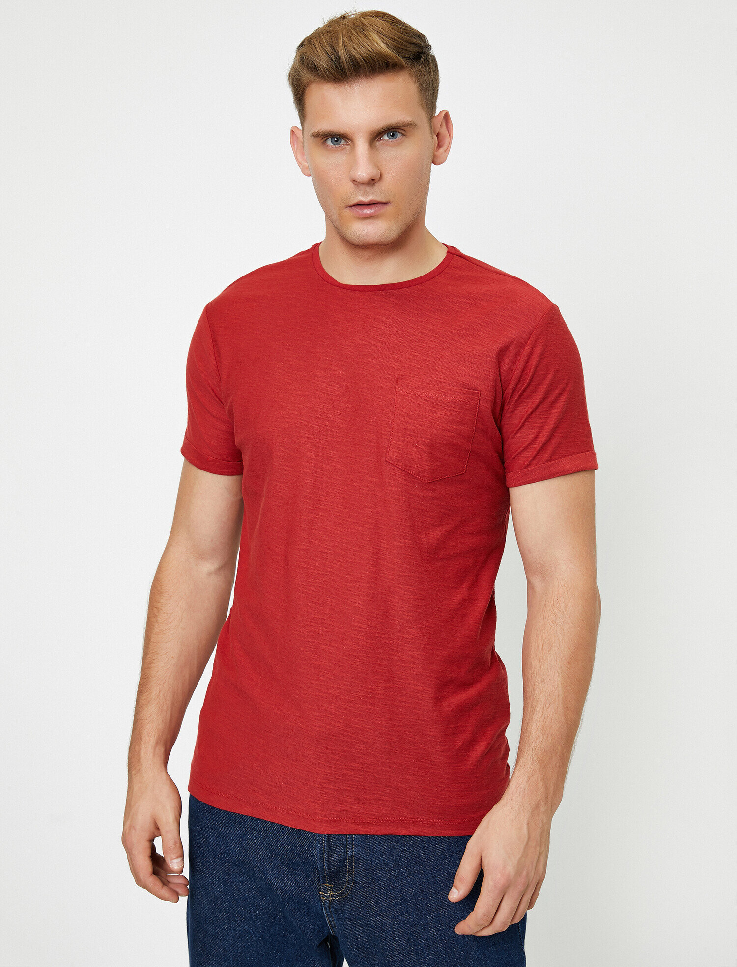   Bisiklet Yaka Cep Detaylı Flamlı Kumaş Dar Kesim Basic Tişört