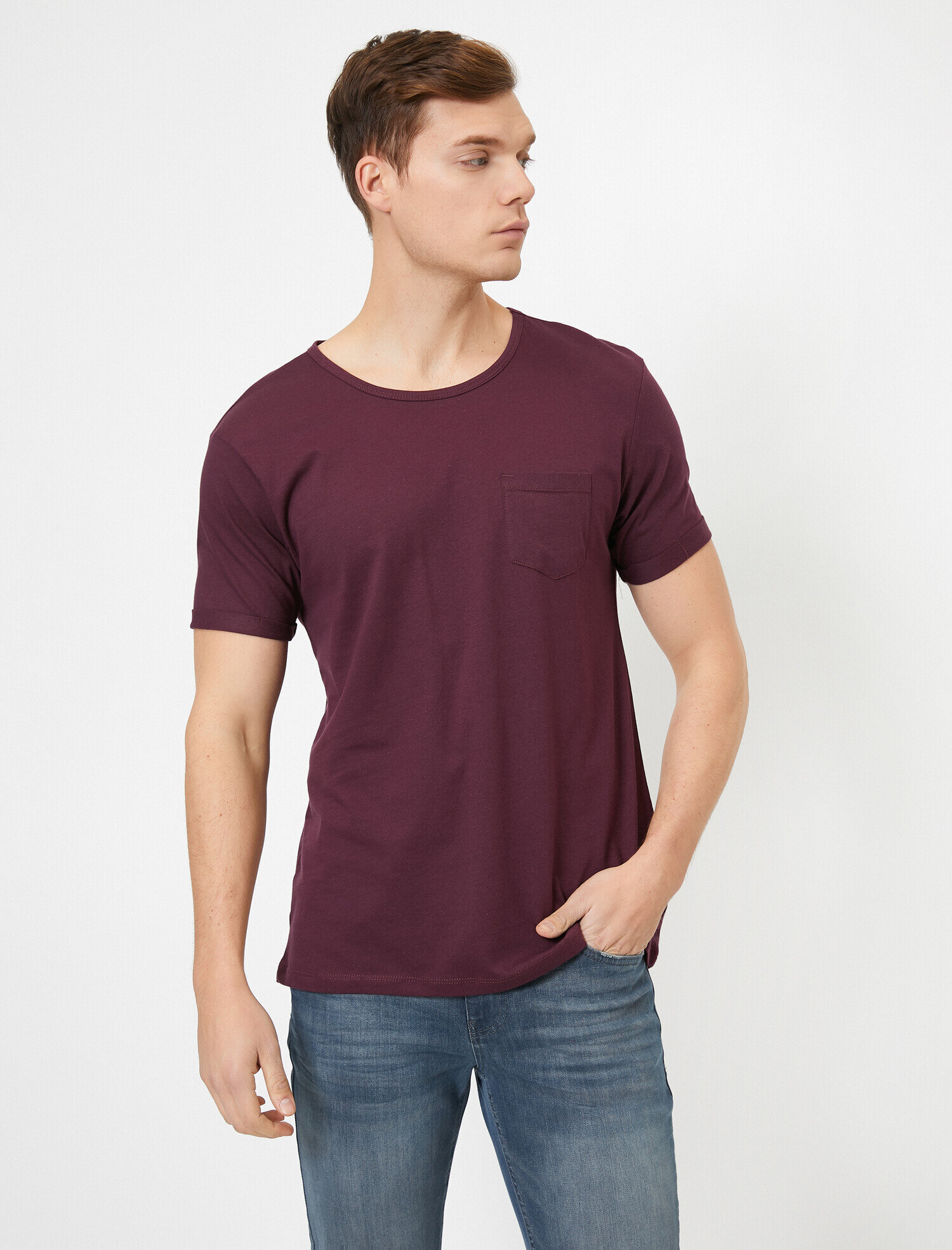 Bisiklet Yaka Cep Detaylı Kolları Katlamalı Slim Fit Tişört