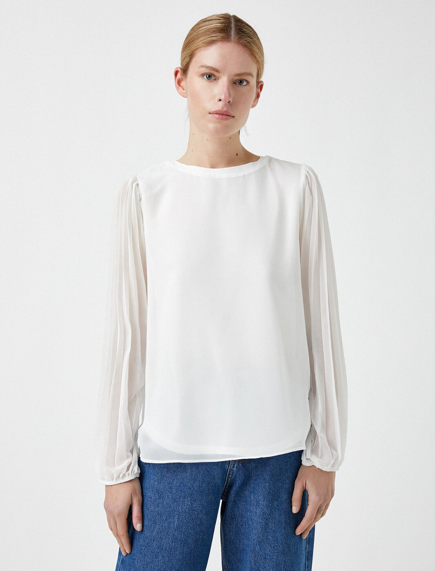   Tül Detaylı Bluz Bisiklet Yaka Uzun Kollu