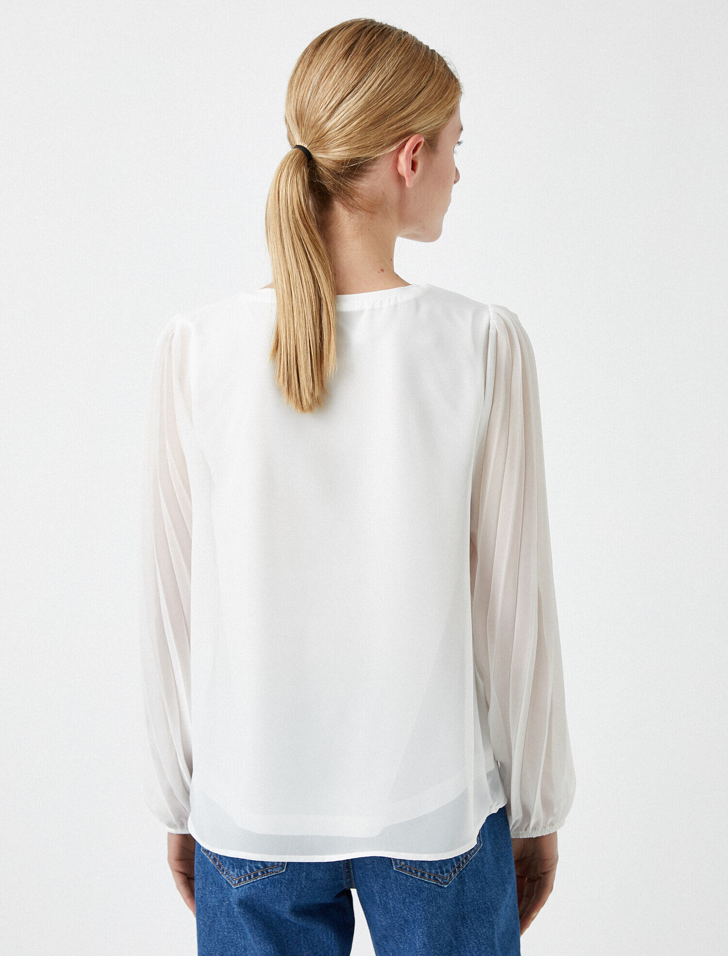   Tül Detaylı Bluz Bisiklet Yaka Uzun Kollu