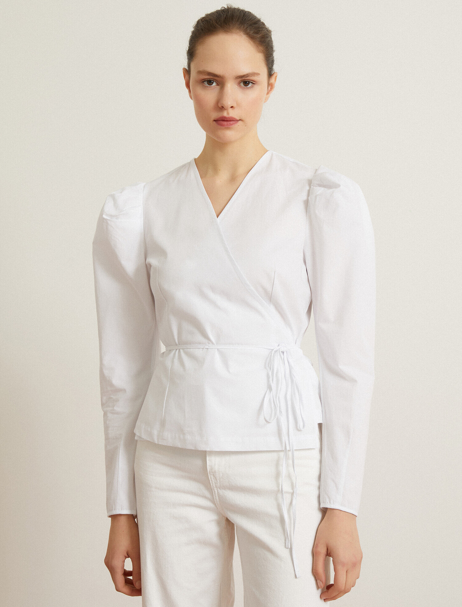   Poplin Gömlek Balon Kollu  Belden Bağlamalı Pamuklu