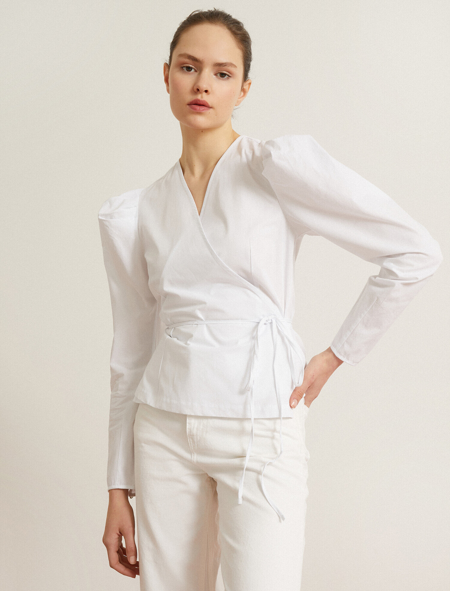   Poplin Gömlek Balon Kollu  Belden Bağlamalı Pamuklu