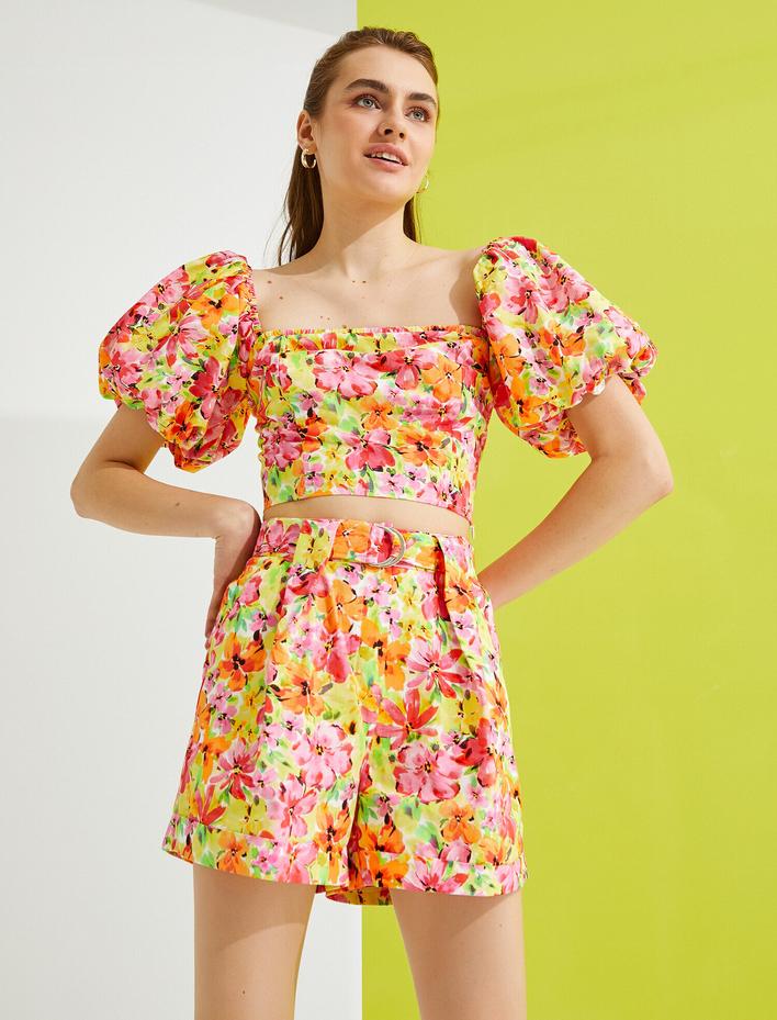  Çiçekli Bluz Crop Balon Kol Pamuklu