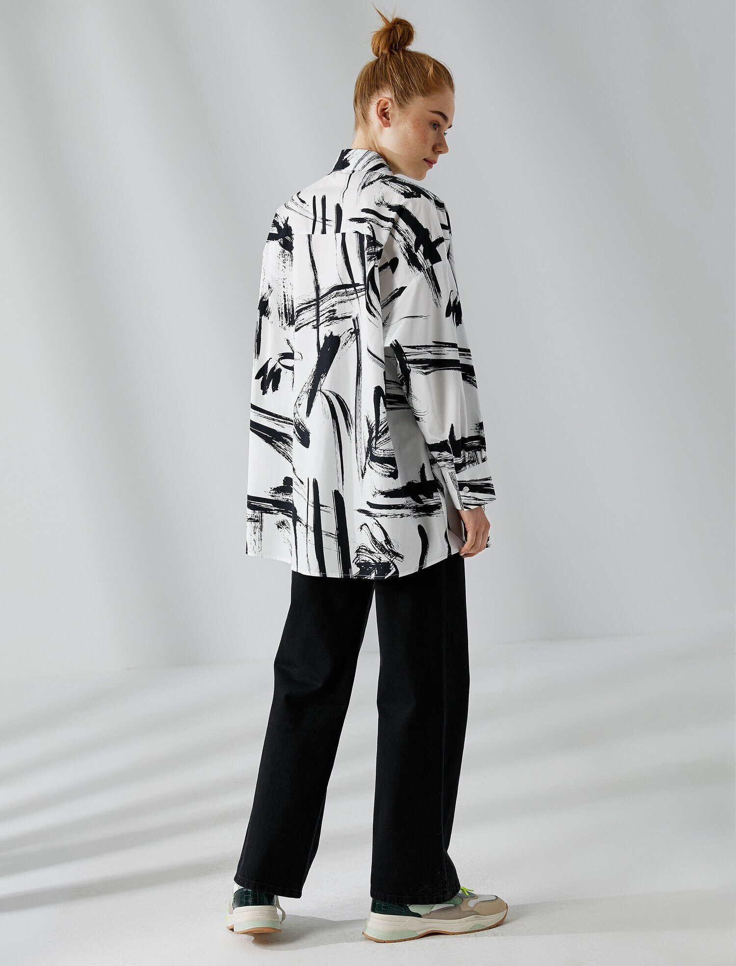   Gömlek Yaka Tunik Desenli Pamuklu Oversize