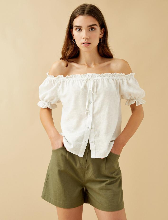  Omuz Açık Gömlek Kısa Kollu Fırfırlı Keten Karışımlı