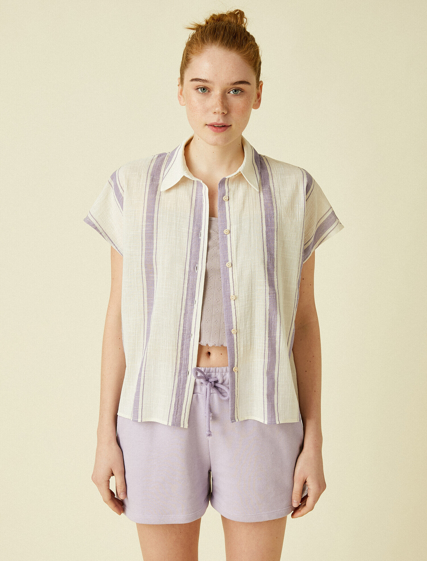   Kısa Kollu Gömlek Çizgili Pamuklu