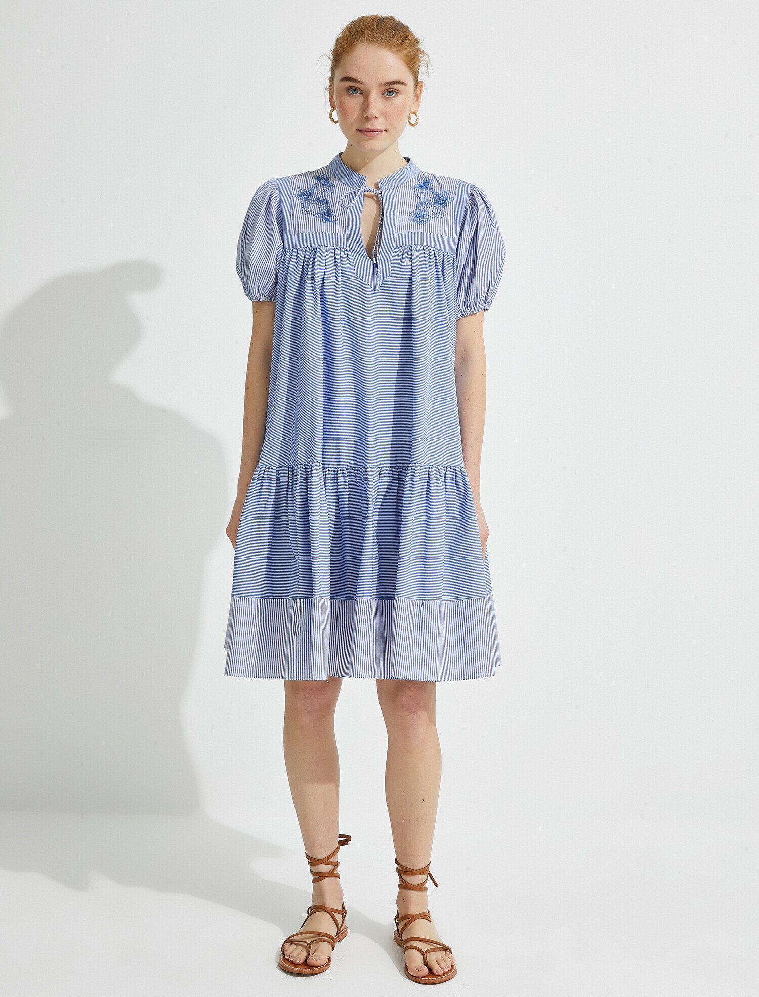   El Emeği Elbise İşlemeli Çizgili Pamuklu