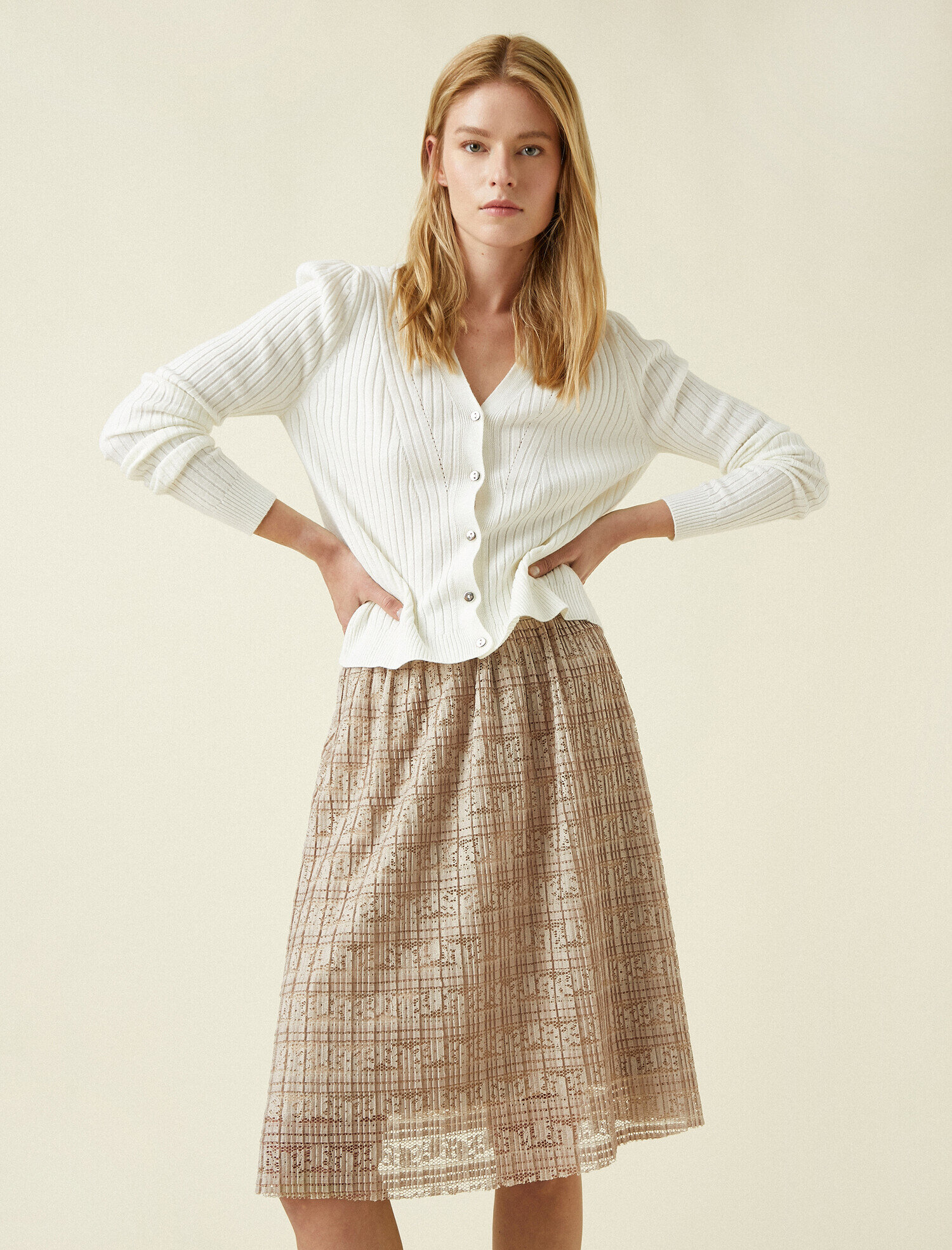   Pileli Dantel Görünümlü Midi Boy Etek