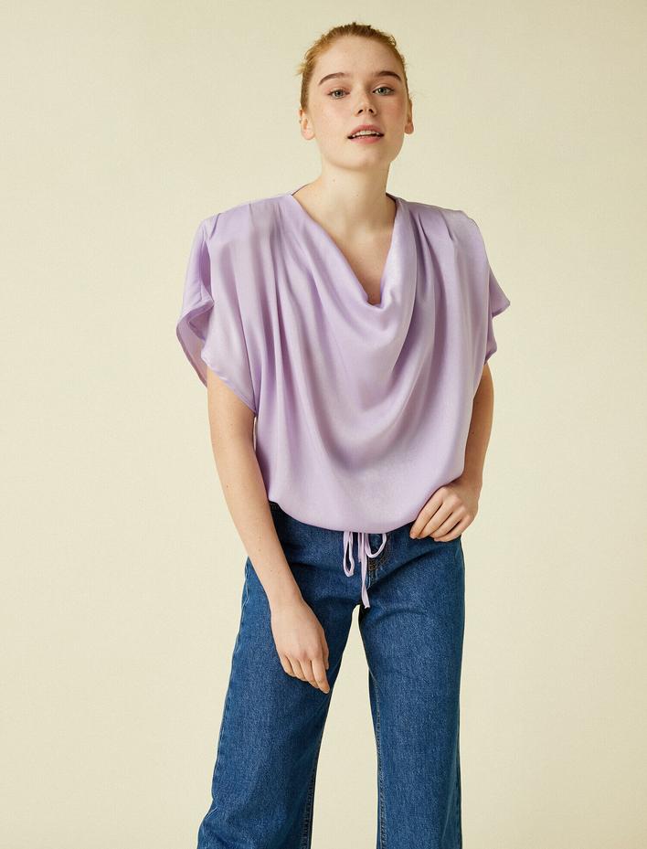  Vatkalı Bluz Drapeli Kısa Kollu