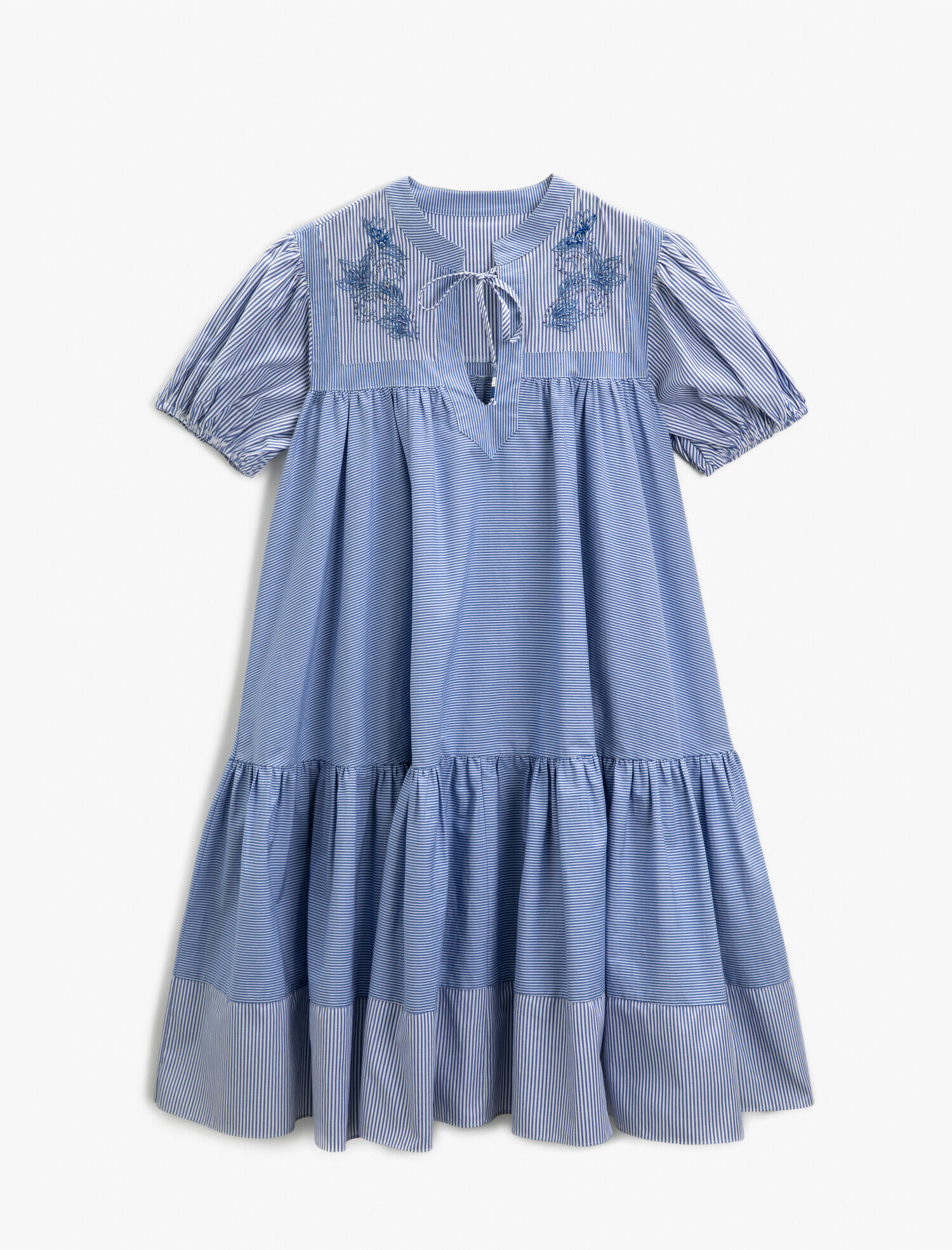   El Emeği Elbise İşlemeli Çizgili Pamuklu