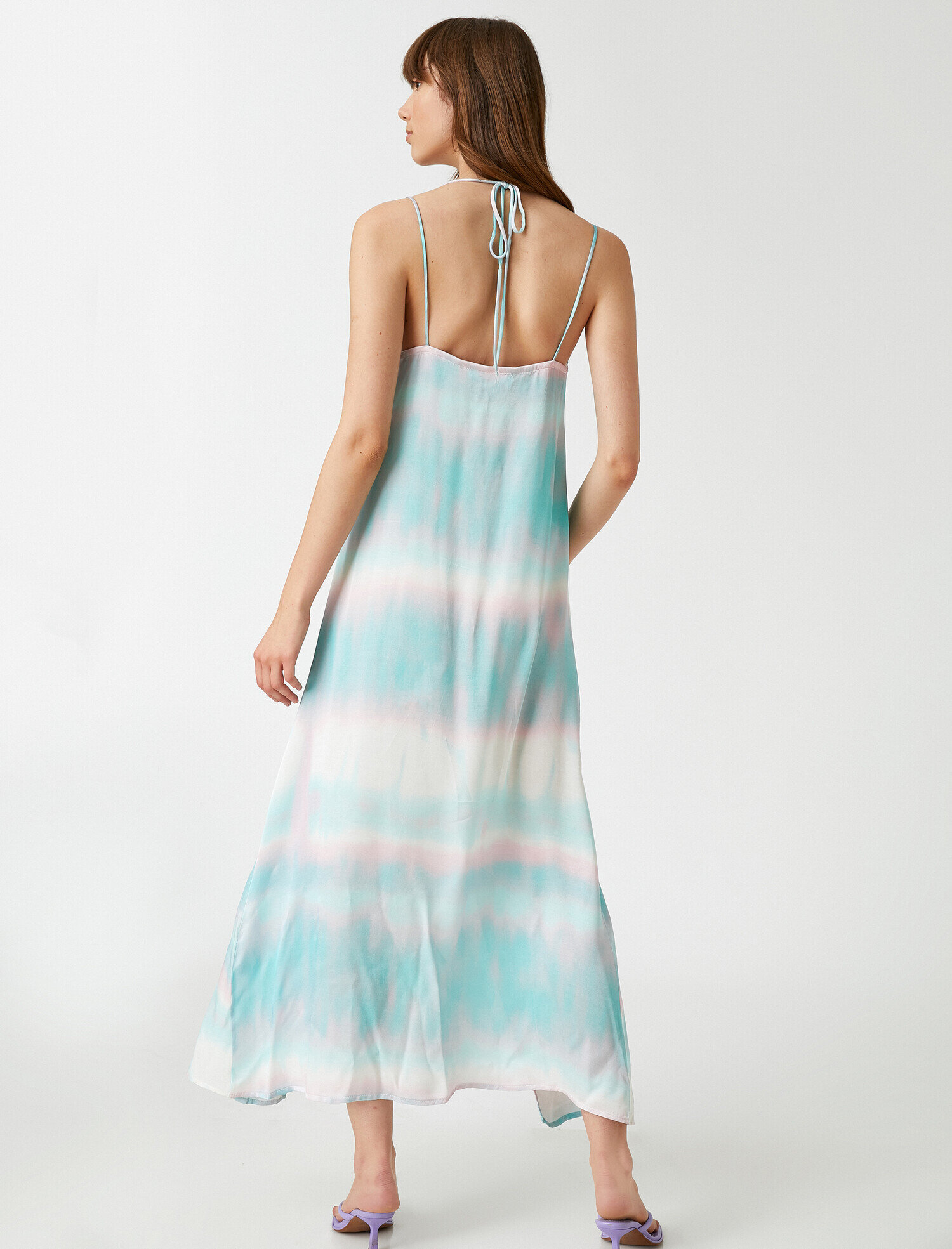   V Yaka Saten Elbise Tie-Die