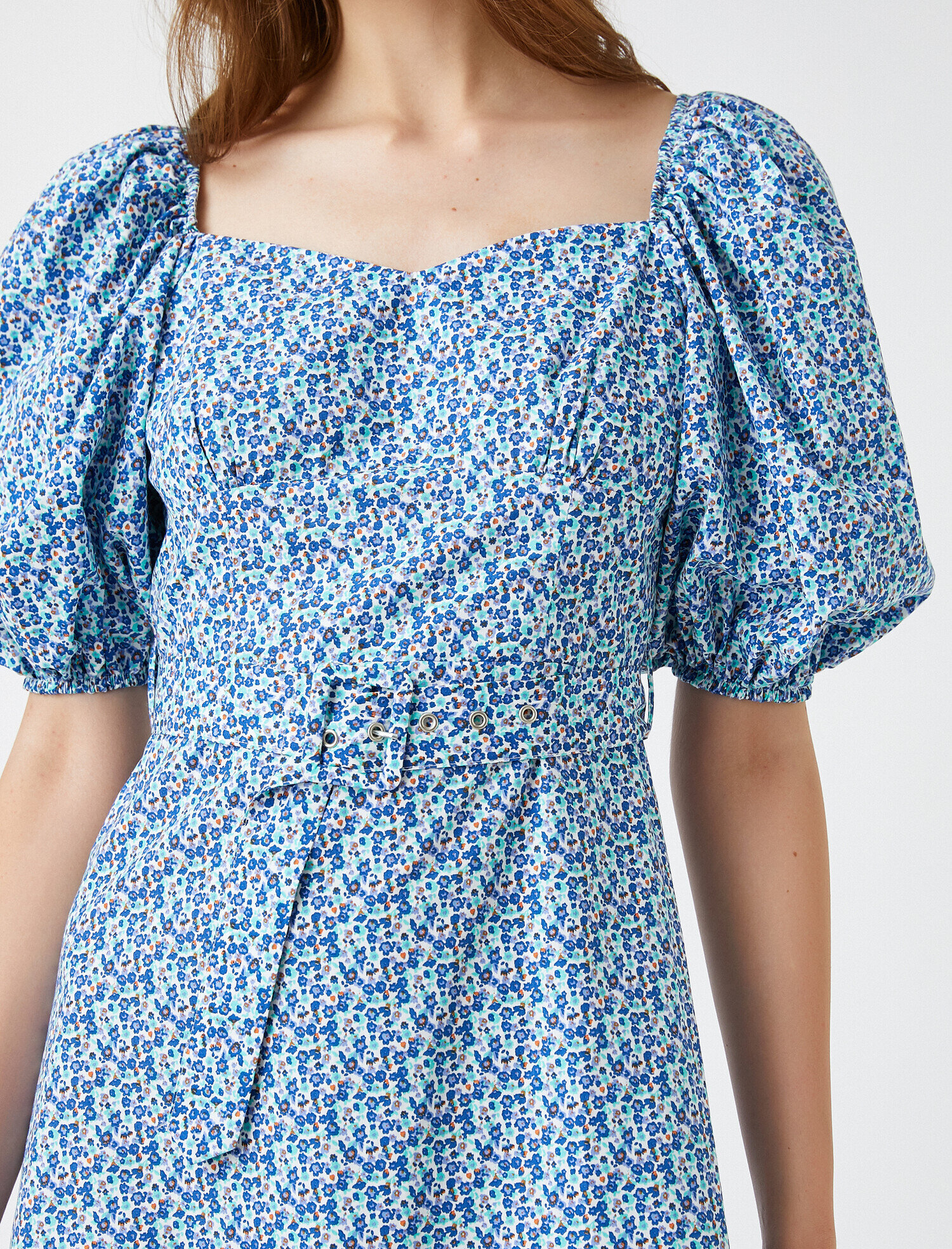 Poplin Elbise Çiçekli Balon Kol Kemerli Pamuklu