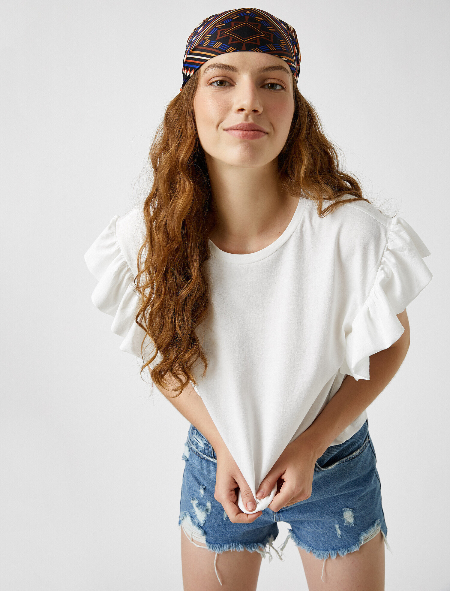   Fırfır Detaylı Kısa Kollu Tişört Pamuklu