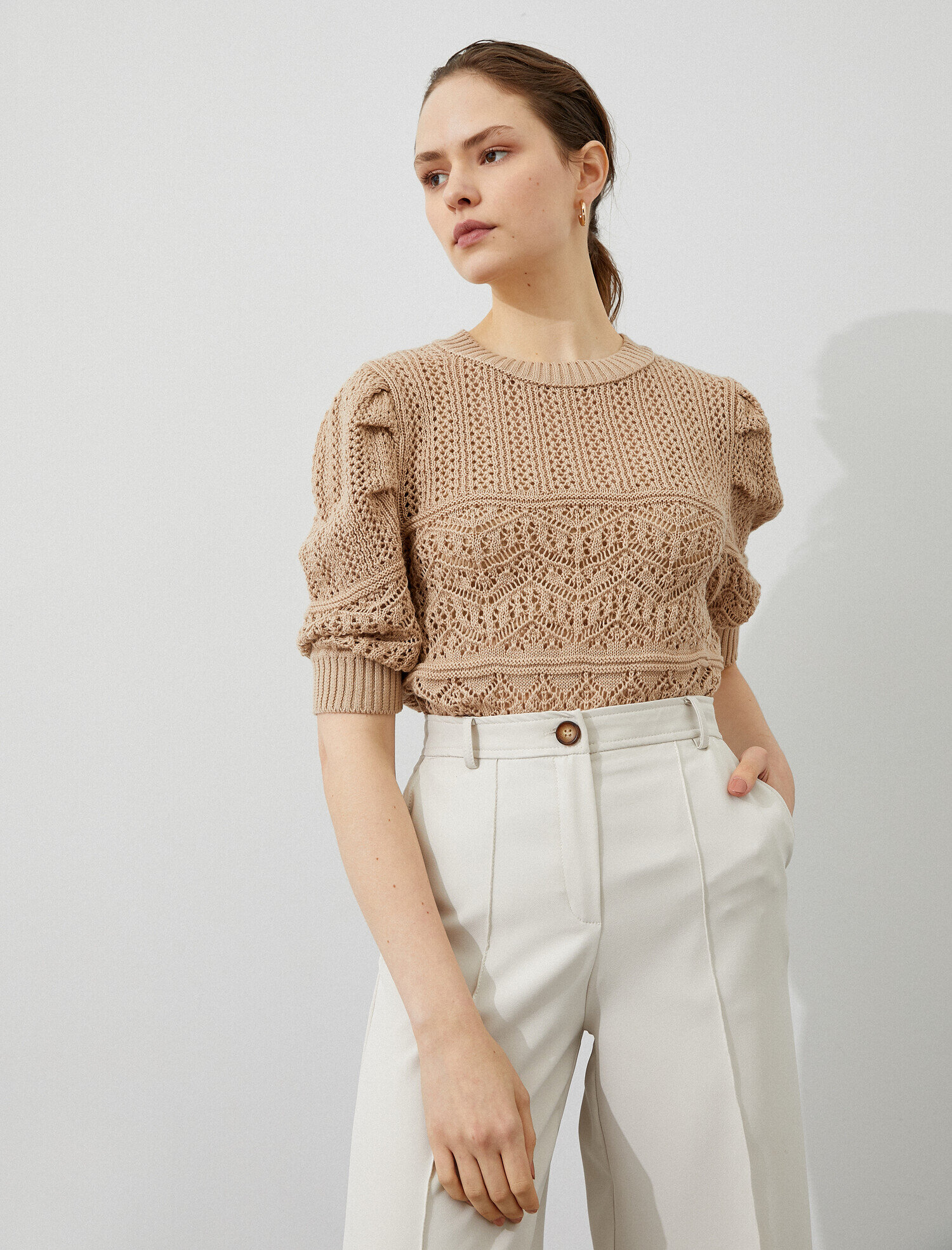   Bisiklet Yaka Triko Kazak 3/4 Kol Pamuklu