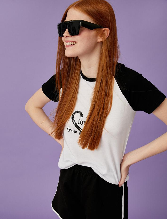  Renk Bloklu Tişört Yazılı Baskılı Pamuklu