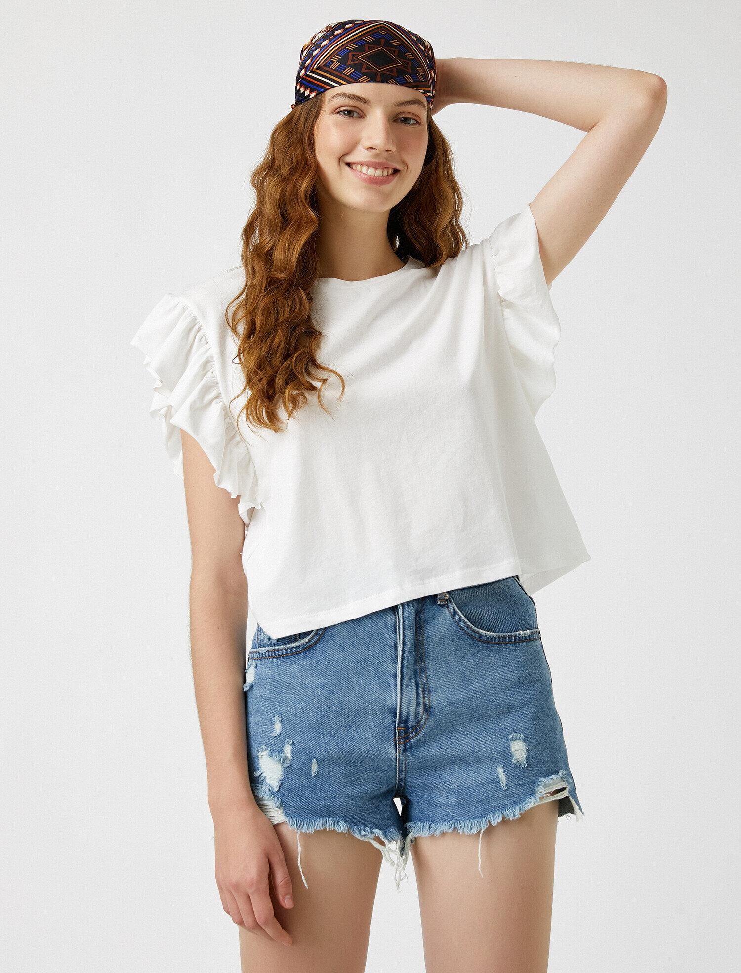   Fırfır Detaylı Kısa Kollu Tişört Pamuklu