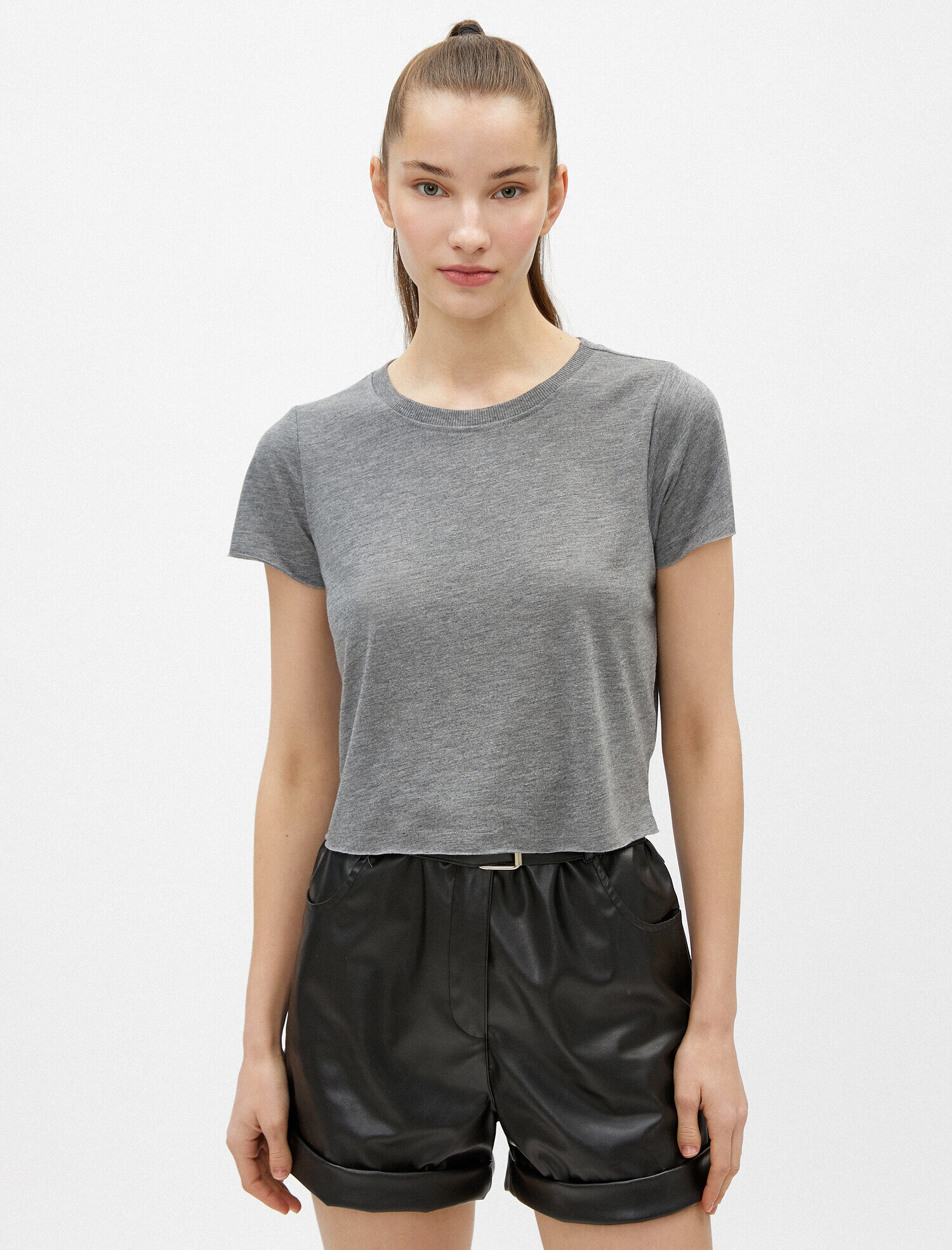   Crop Tişört Bisiklet Yaka Basic