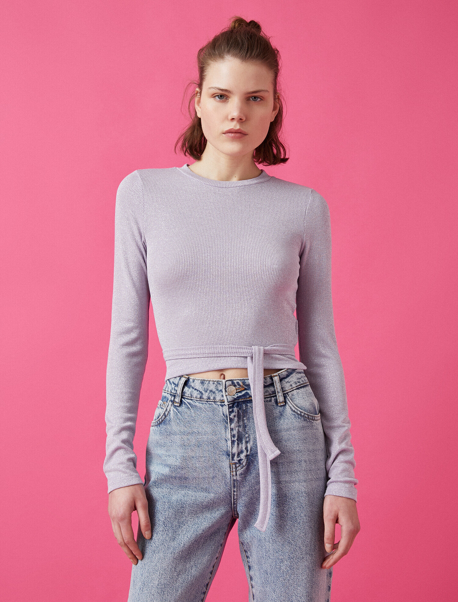   Uzun Kollu Tişört Bisiklet Yaka Beli Bağlamalı