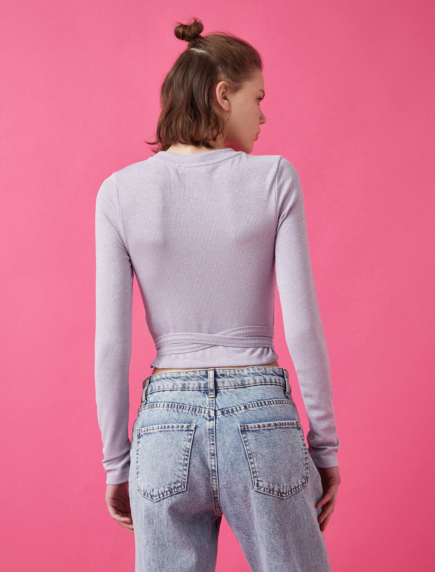   Uzun Kollu Tişört Bisiklet Yaka Beli Bağlamalı