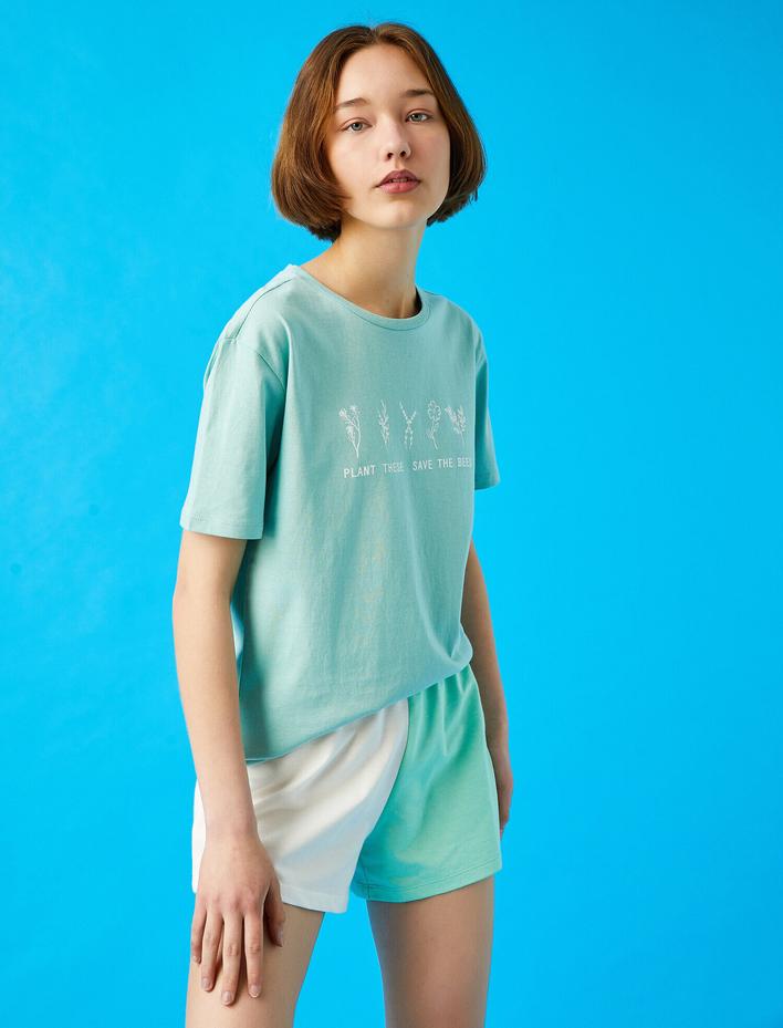  Baskılı Tişört Pamuklu Bisiklet Yaka