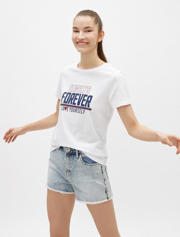  Slogan Tişört Pamuklu Bisiklet Yaka