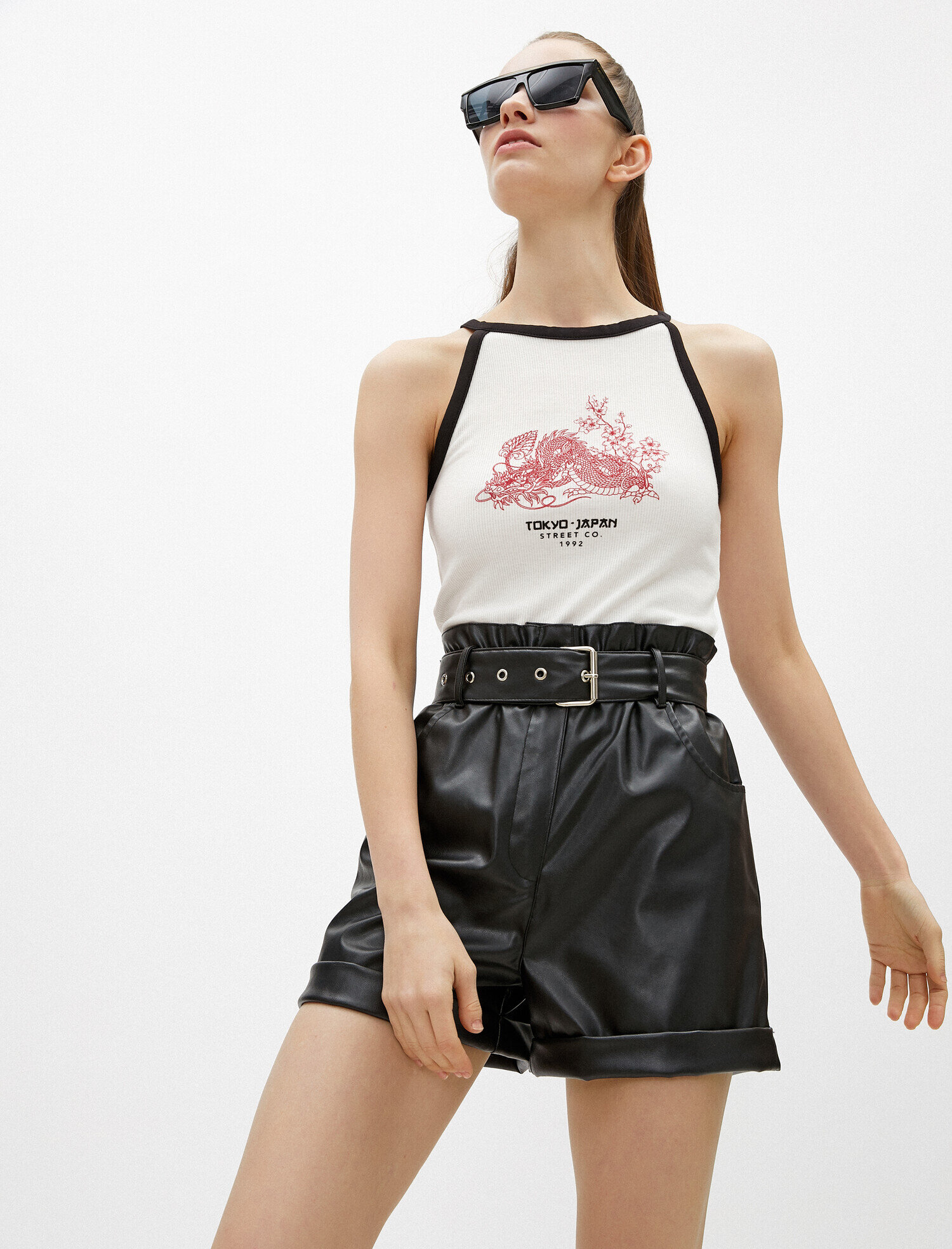   Baskılı Atlet Halter Yaka Şerit Detaylı Fitilli Tanktop