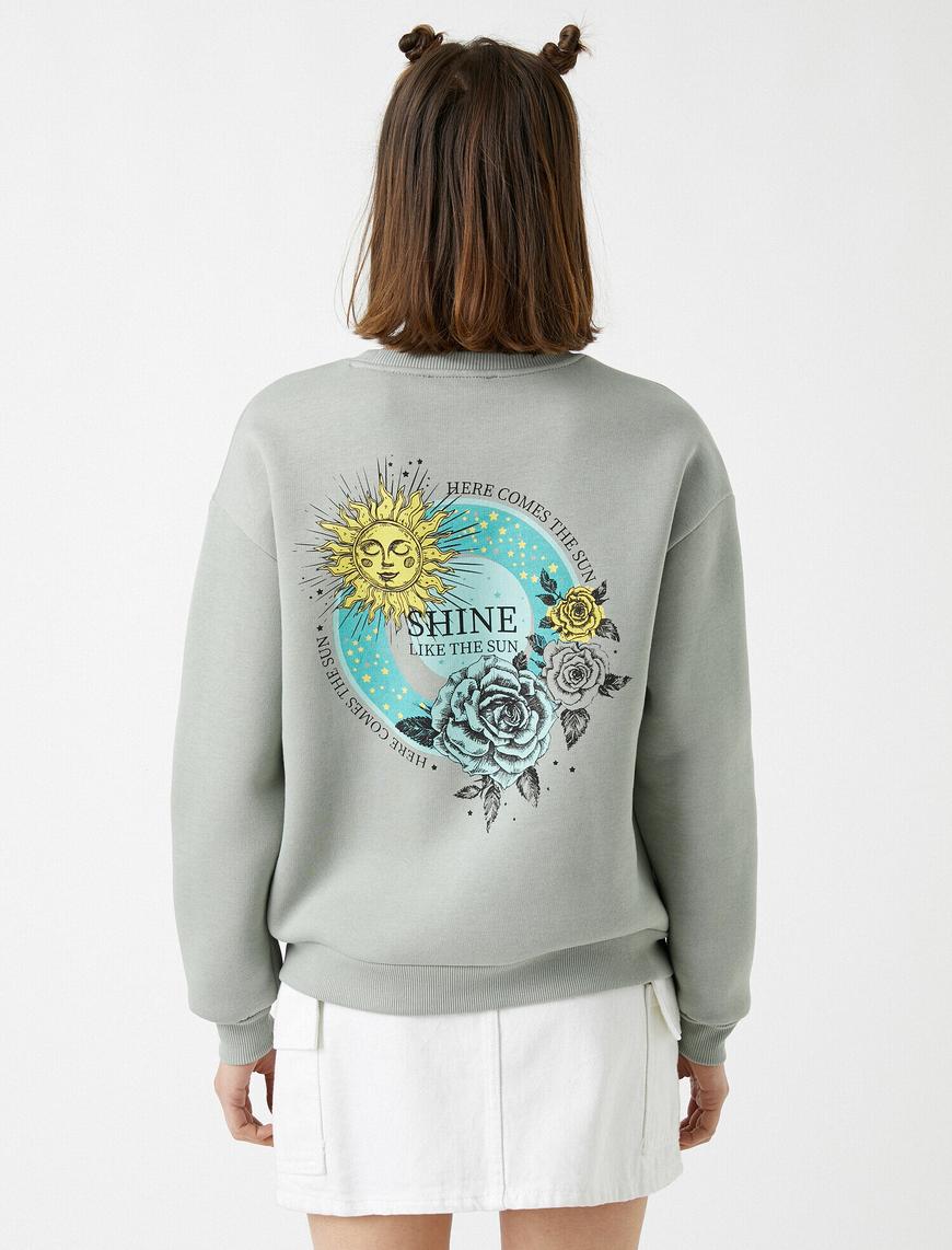   Pamuklu Bisiklet Yaka Baskılı Sweatshirt